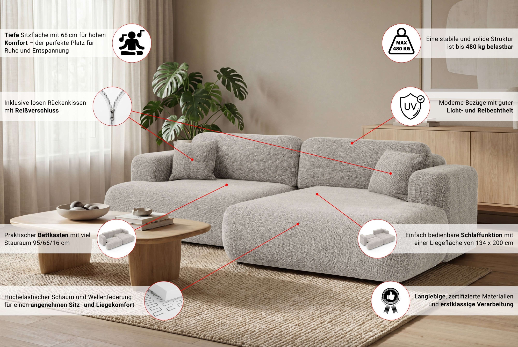 OTTO home Ecksofa »VEEVIA L-Form, Schlafsofa, Verlässliche Qualität, Breite 256cm« mit Bettkasten, belastbar bis 480kg, inklusive Rücken- und Zierkissen