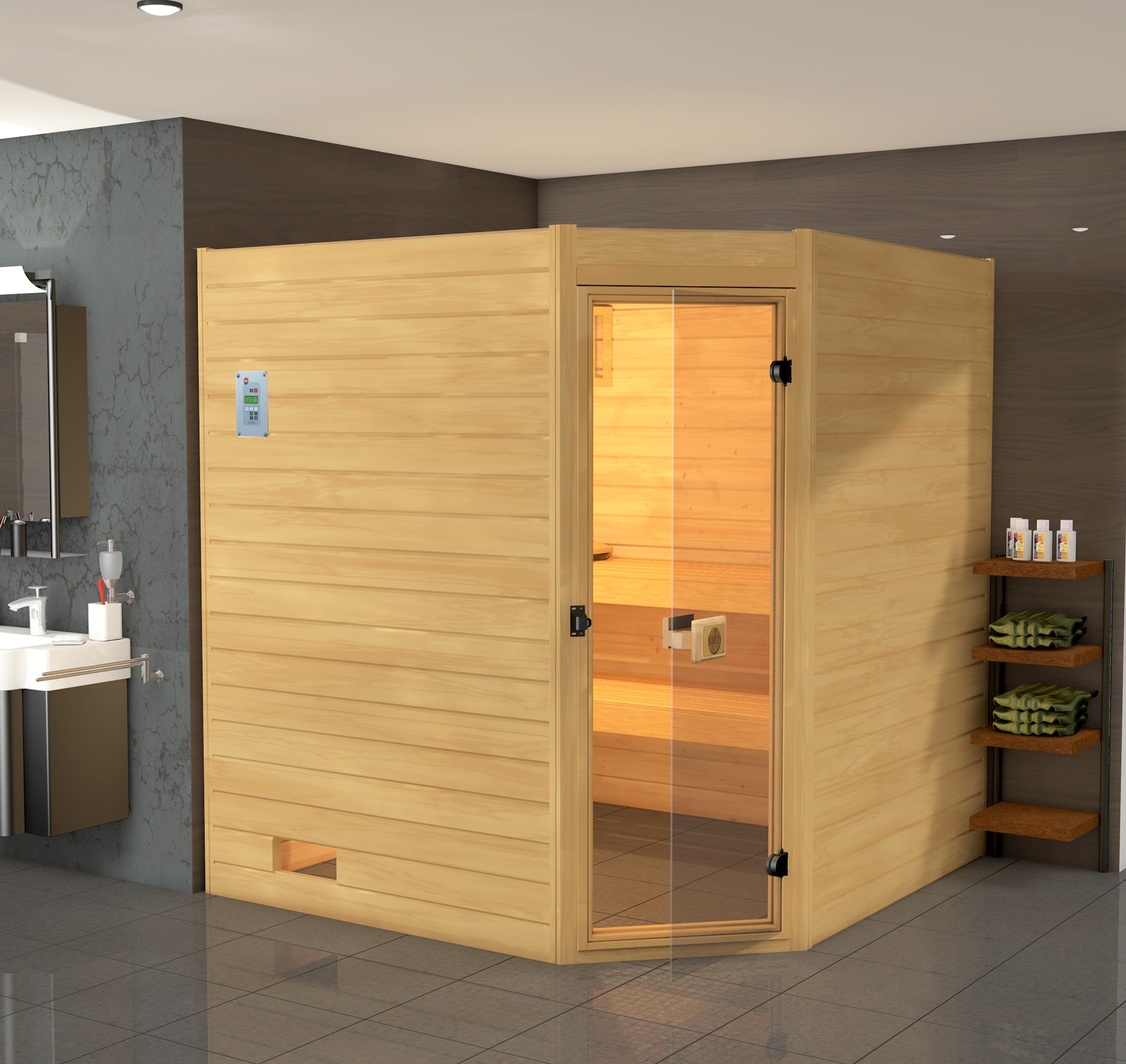 weka Sauna »Vaasa 3 Eck«, 7,5 kW Ofen mit ext. Steuerung
