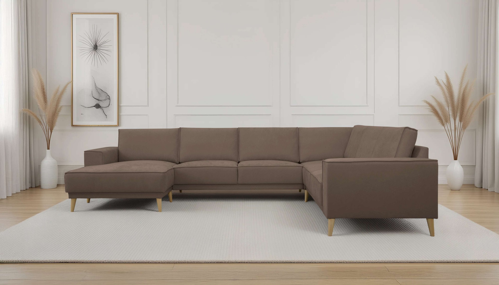 OTTO home Wohnlandschaft »Oland Skandi, weicher Chenille-Stoff« U-Form, 342 cm, Wellenunterfederung, Skandi-Design, Massivholzfüße