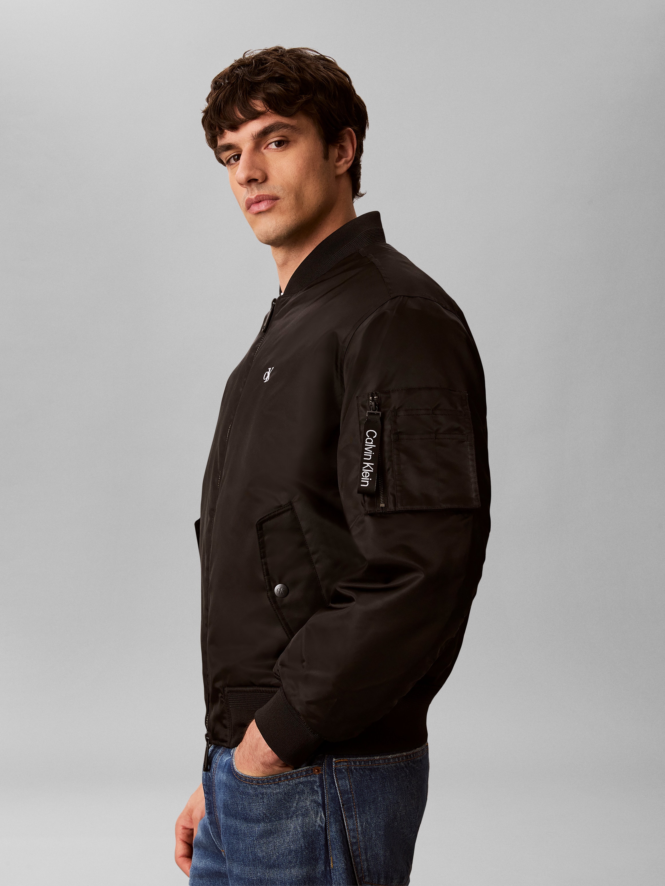 Calvin Klein Jeans Bomberjacke Rippkragen, Regular Fit, Logo-Stickerei