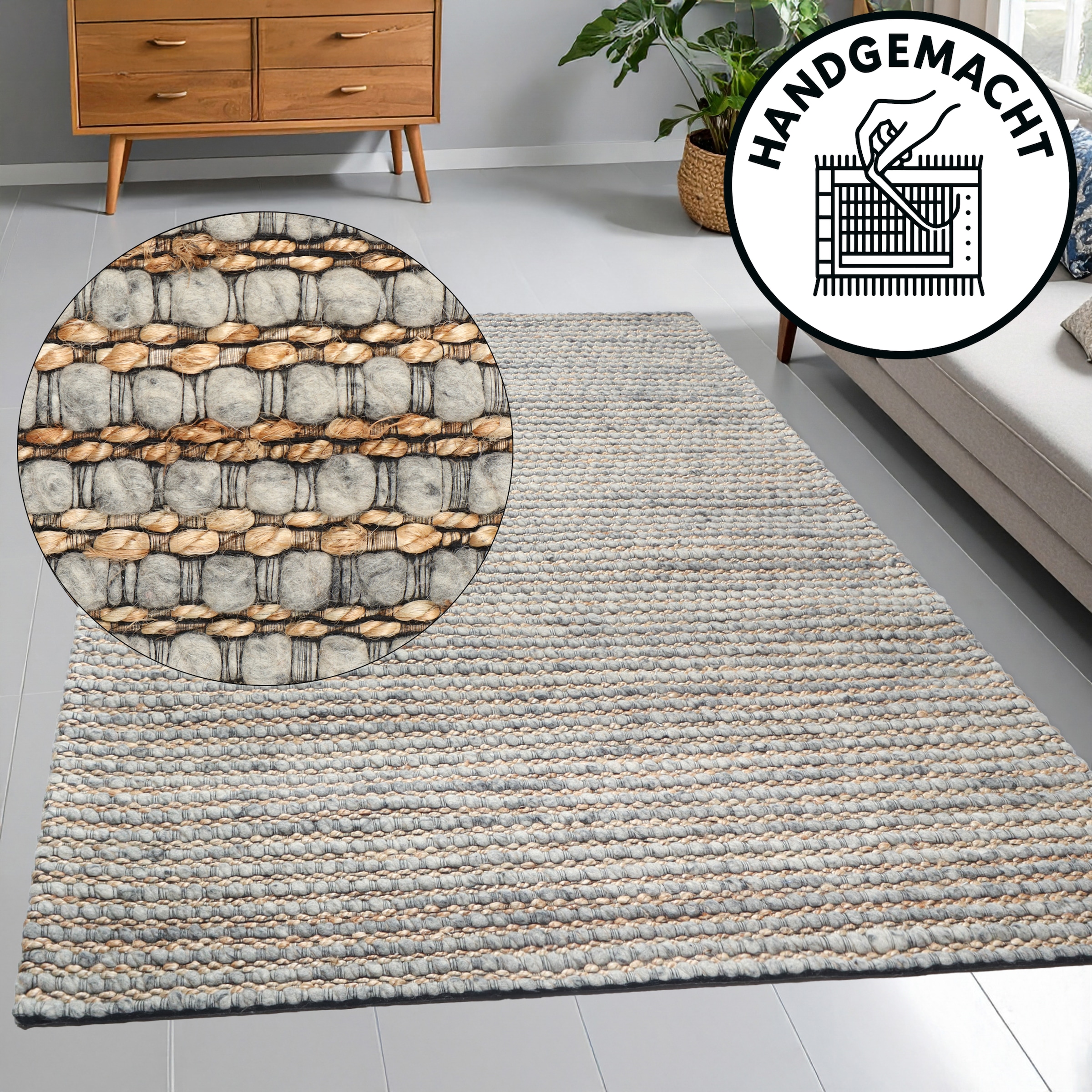 OTTO home Wollteppich »Leevy, Wolle und Jute, handgewebt, Handweb Teppiche« rechteckig 25 mm Höhe schöne Streifenoptik, Wohnzimmer, Schlafzimmer, Esszimmer