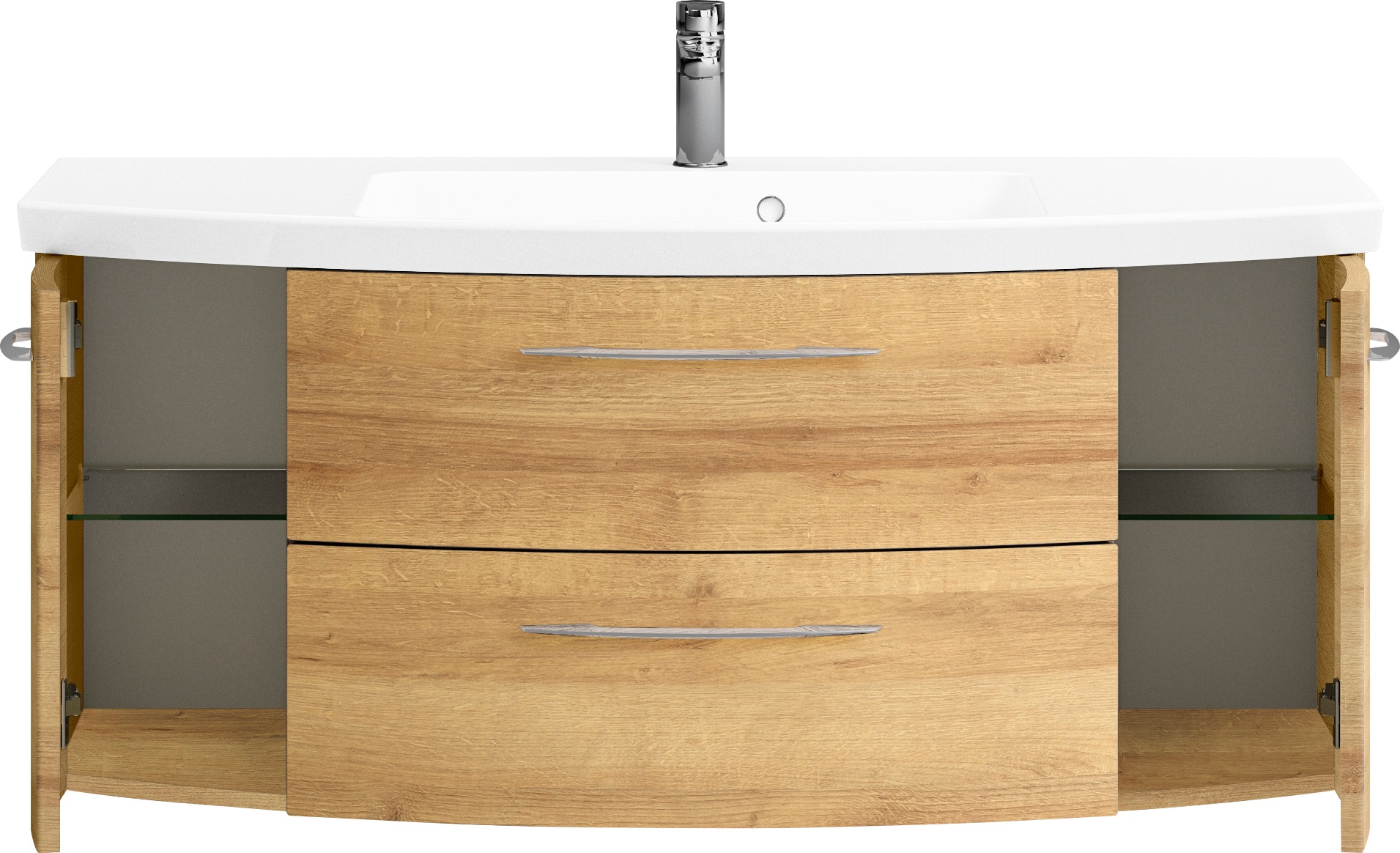 Saphir Badmöbel-Set »Cassca Sprint 2-teilig Mineralmarmor-Waschtisch mit LED-Spiegelschrank«, (2 St.), Waschplatz 121 cm breit mit 5 Türen, 2 Schubladen, inkl. Türdämpfer