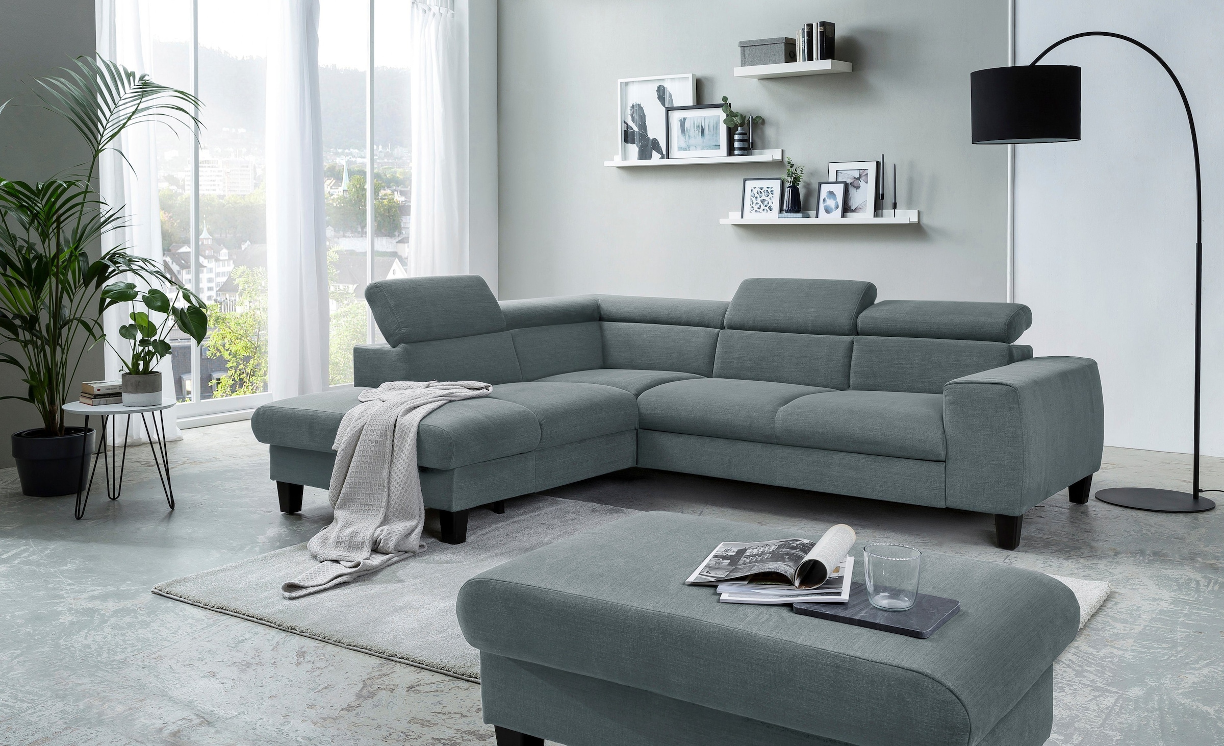 COTTA Polstergarnitur »Morven L-Form«, (Set), Set bestehend aus: Ecksofa mit Kopfteilverstellung & Hocker
