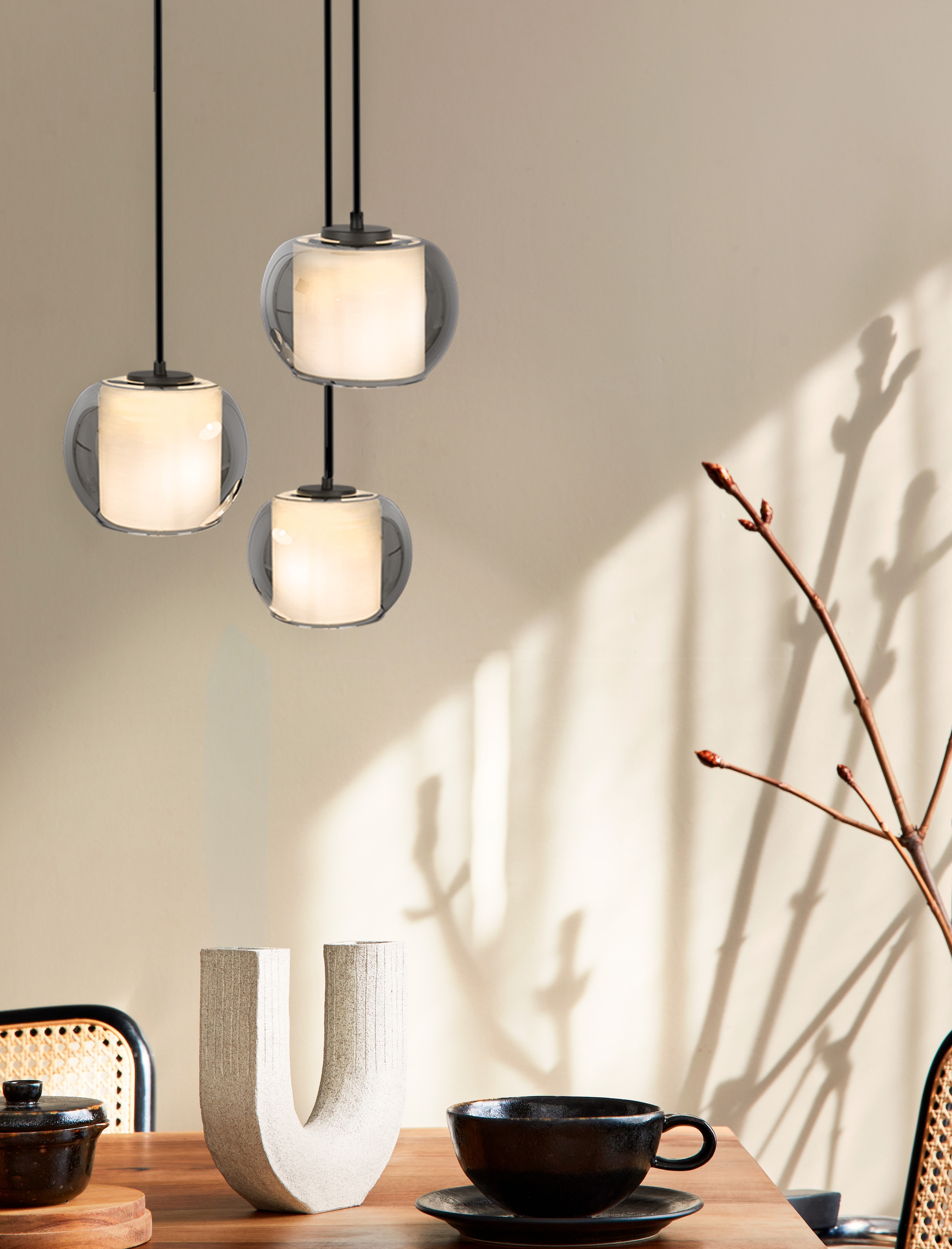 OTTO home Pendelleuchte »Tanissa mit Doppelschirm« E27 1 Stk. Pendellampe, 3er Rondell, Rauchglas, Stoffschirm, E27, Glasschirm