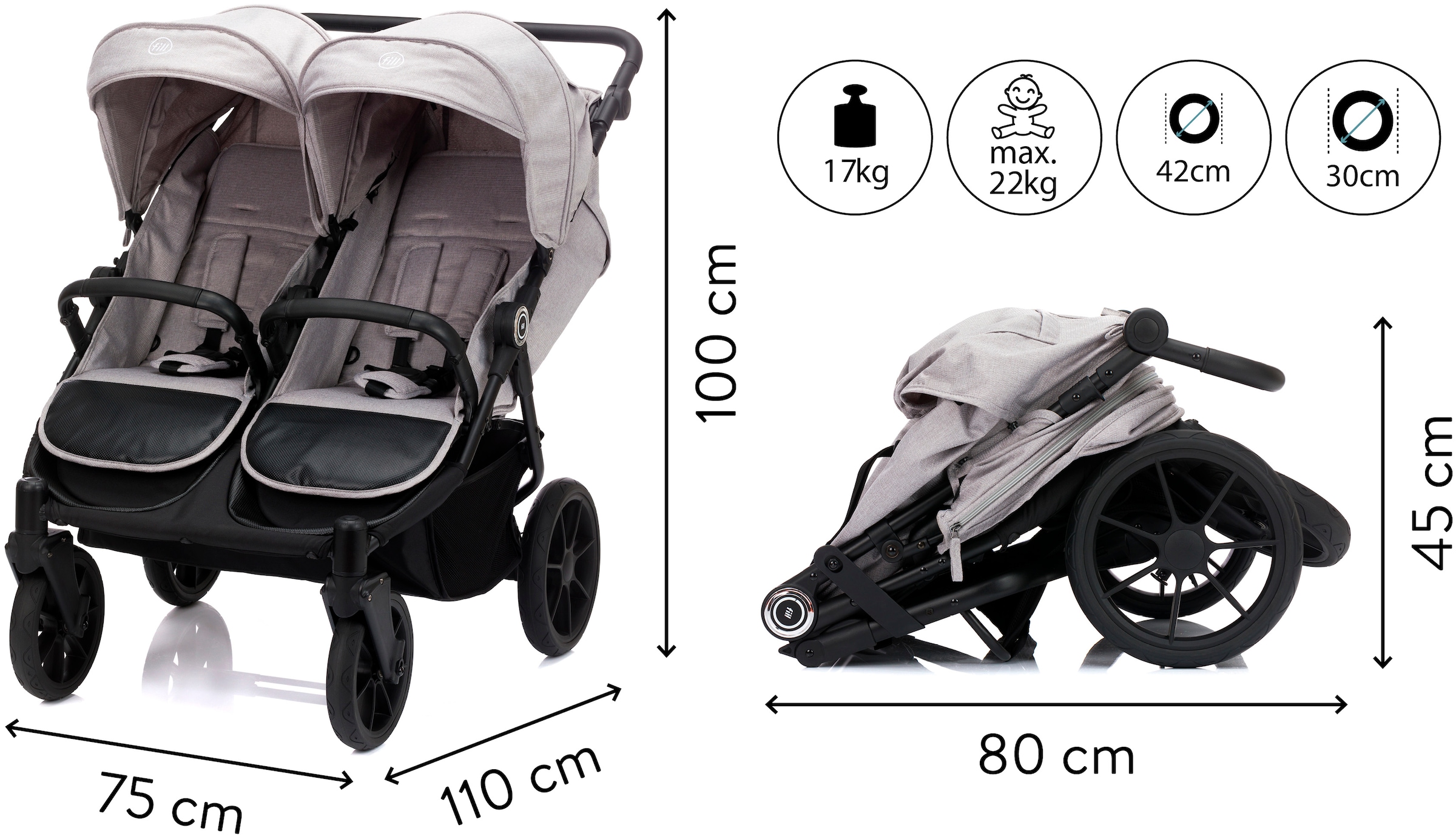 Fillikid Zwillingsbuggy »Duette, grau« 22 kg auch als Geschwisterwagen verwendbar; nur 75 cm breit