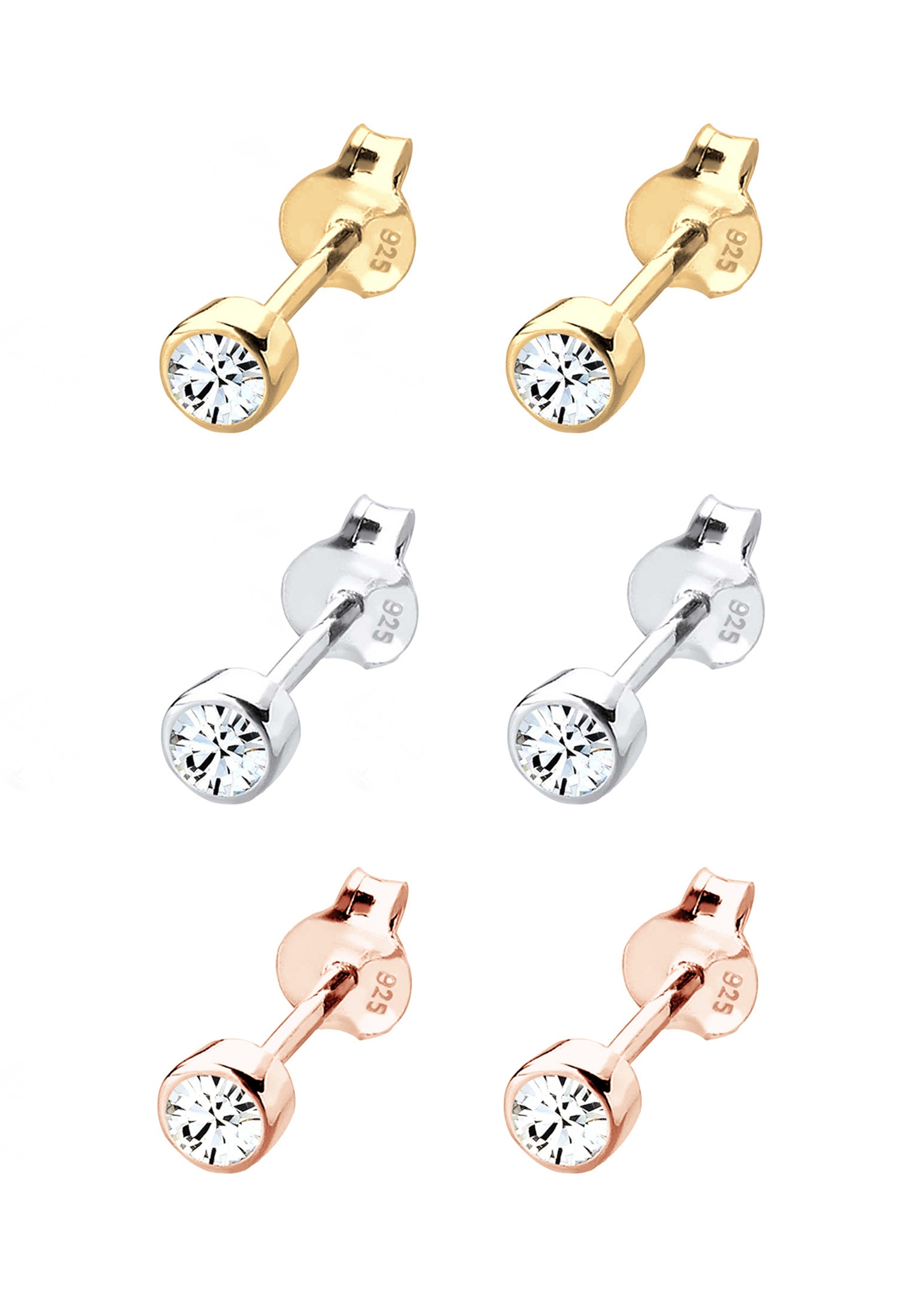 Elli Ohrstecker-Set »Ohrringe Ohrstecker 3er Set Tri-Color Kristalle 925 Sterling Silver Rosegold«