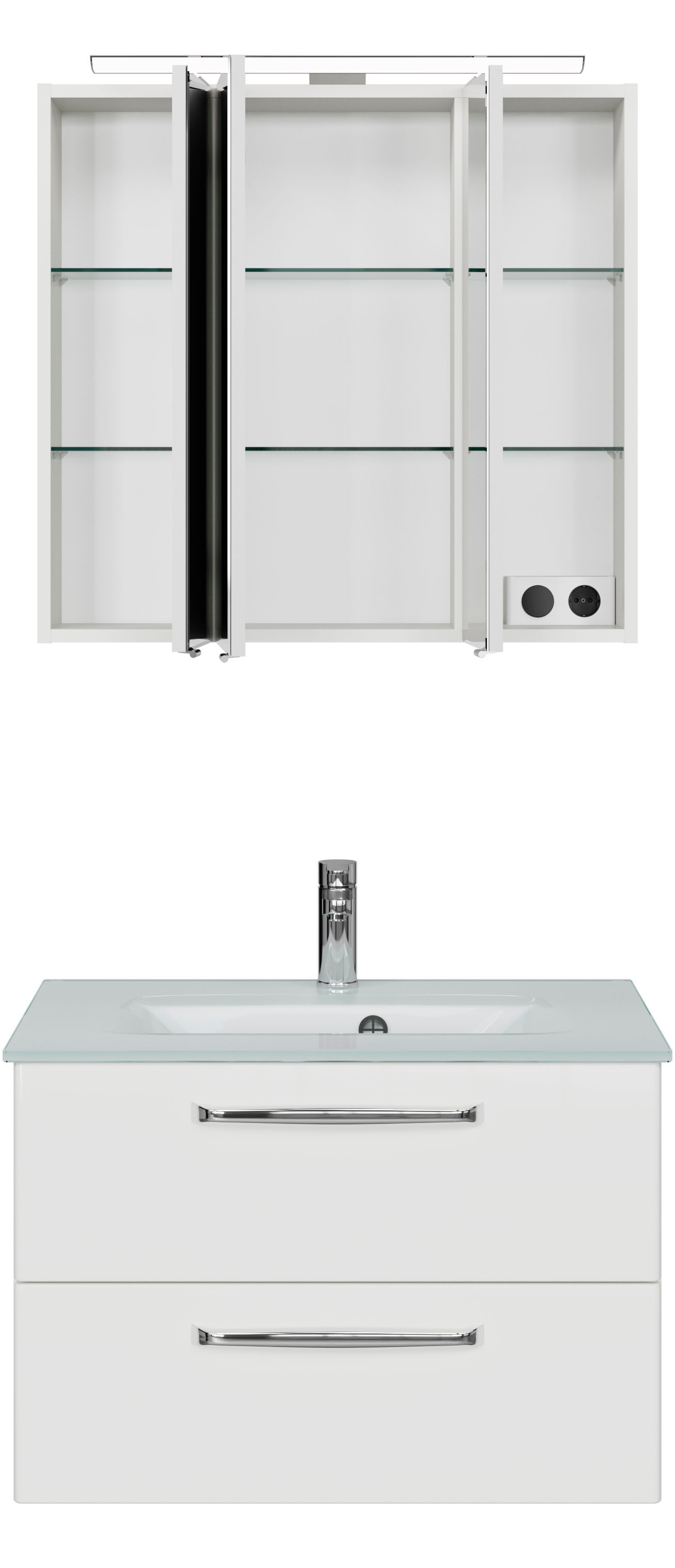 Saphir Badmöbel-Set »Trentino 2-teilig Glas-Waschtisch, Spiegelschrank mit LED-Leuchte«, (3 St.), Badmöbel-Set 77cm breit, inkl. Türdämpfer, 3 Türen, 2 Auszügen