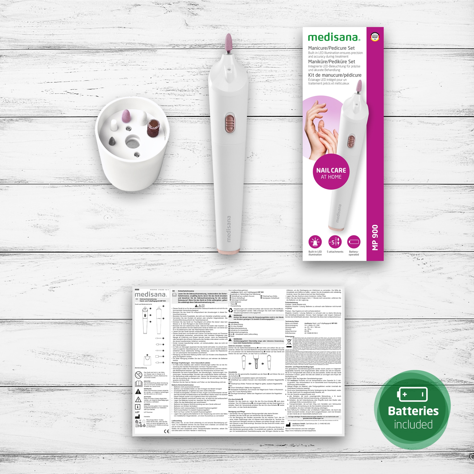 Medisana Maniküre-Pediküre-Set »MP 900«, (5 tlg.), 5 Aufsätze, für Nägel, Nagelhaut und Hornhaut, batteriebetrieben