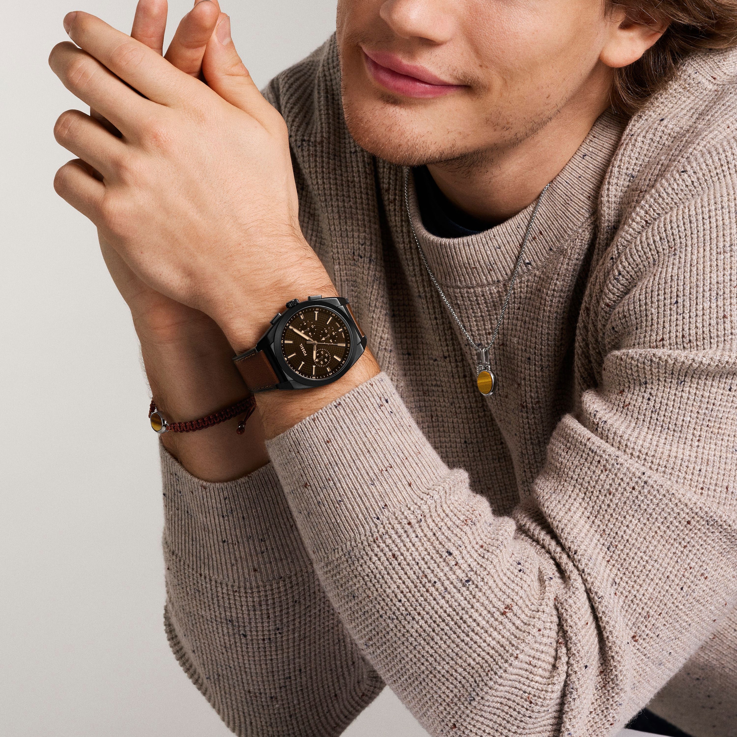Fossil Chronograph »EVERETT«, Quarzuhr, Armbanduhr, Herrenuhr, Lederarmband, analog