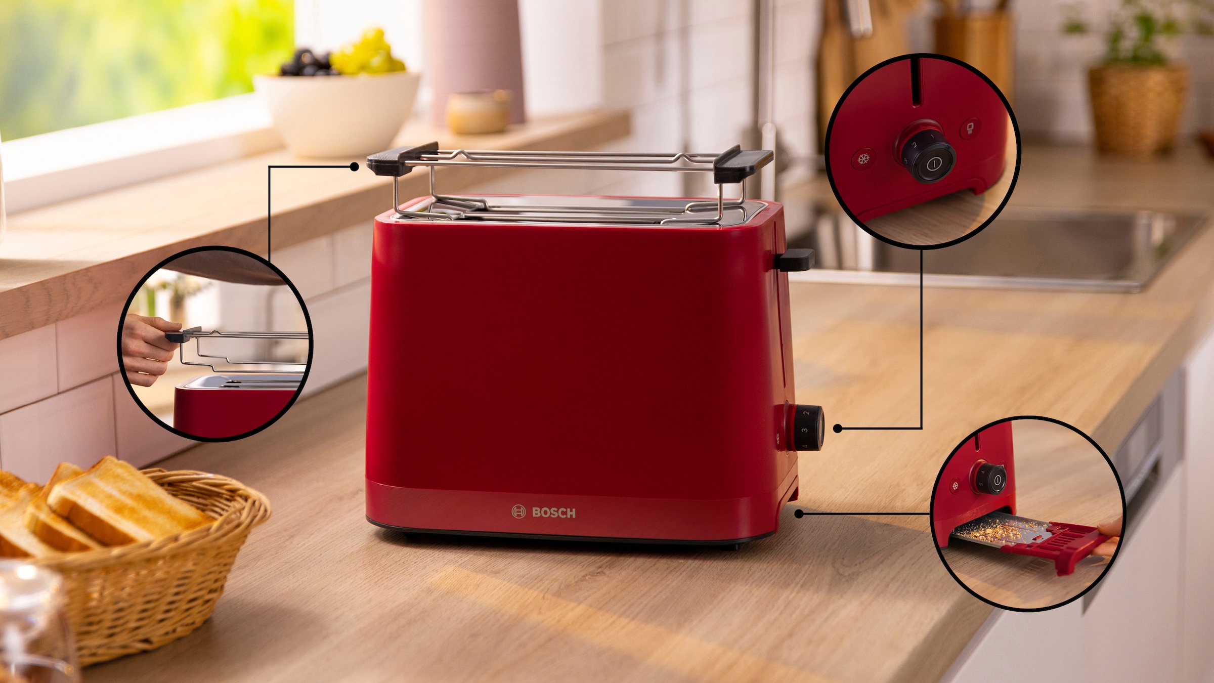BOSCH Toaster »MyMoment TAT3M124«, 2 Schlitze, für 2 Scheiben, 950 W, entnehmbarer Brötchenaufsatz, Auftaufunktion, Brotzentrierung, AutoOff