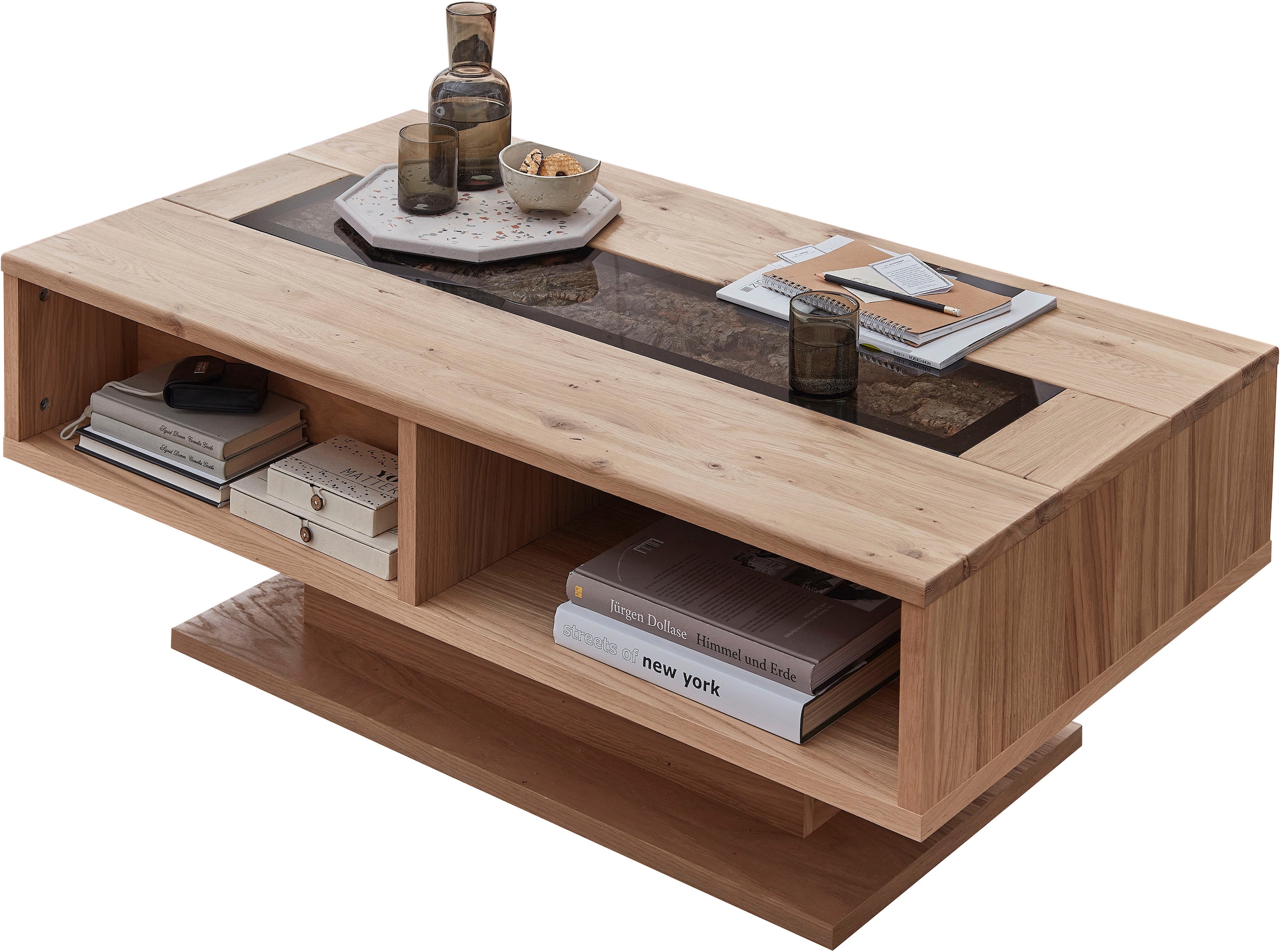 Innostyle Couchtisch »Donna Couchtisch, 115x43x65 (BxHxT)« 1 Stk. tlg. Massivholz, Absetzung Echtkork gerundet, 4 offene Fächer