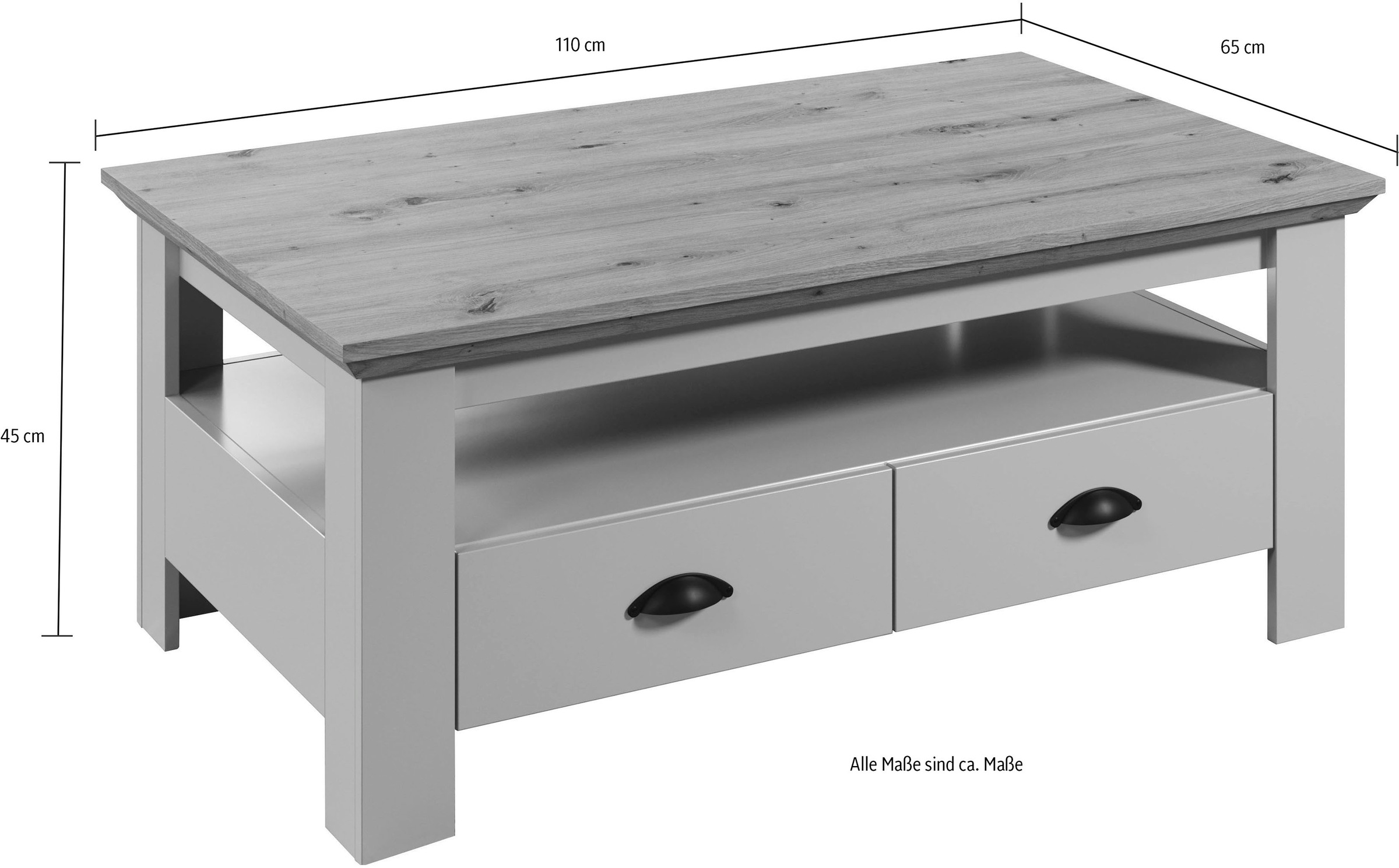 Home affaire Couchtisch »Herzwill«, eckiger Couchtisch, Breite 110 cm, Höhe 45 cm, 2 Schubfächer, 1 Fach