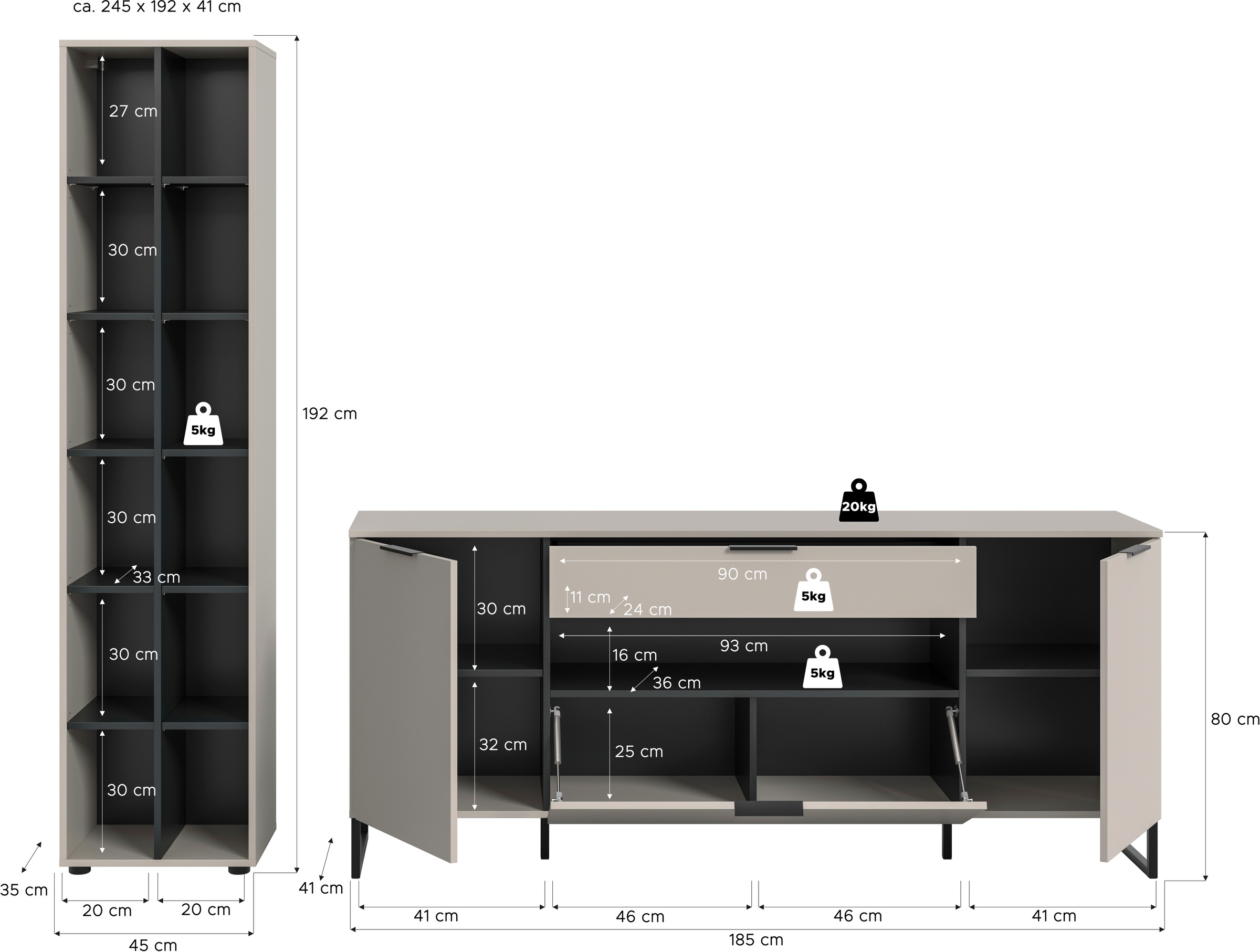 INOSIGN Wohnwand »ADIO, Breite 245 cm, 2-teiliges Set, mit Metall-Kufenfüße« Set, bestehend aus: Standregal und Sideboard, 2 Stk. tlg.