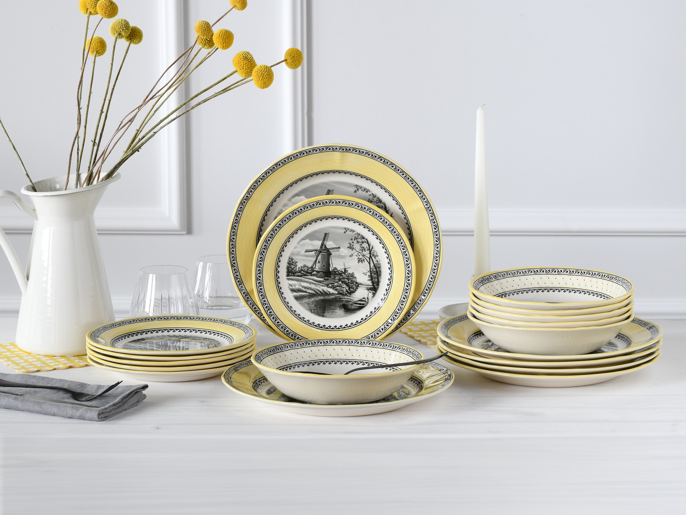 CreaTable Teller-Set »Windmühle Gelb, Teller Set 18-tlg« Traditionell, Nostalgie