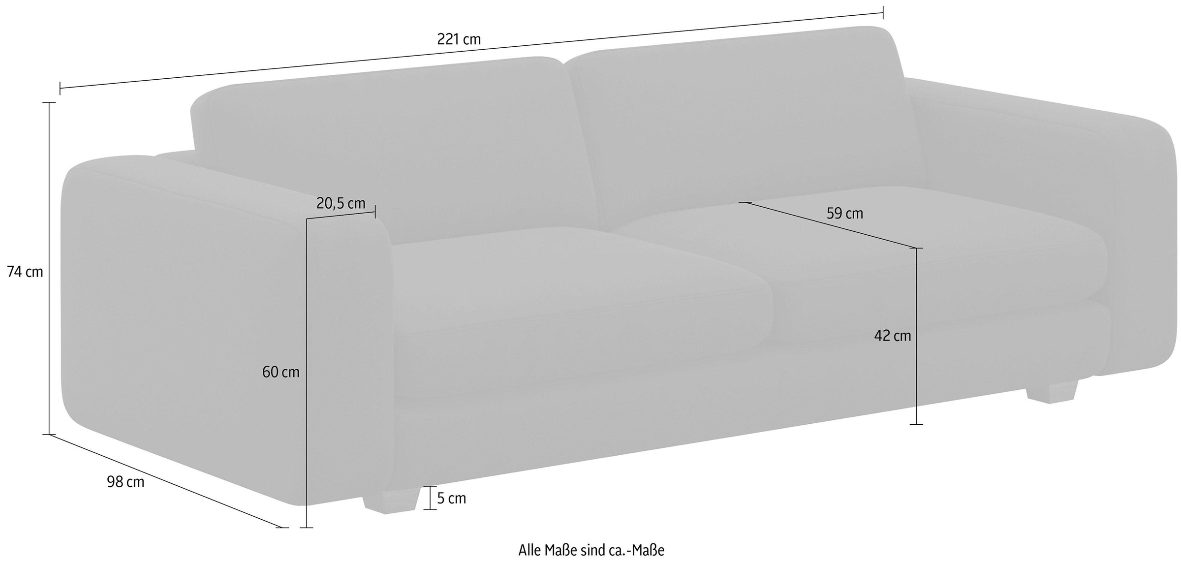 machalke® 3-Sitzer »valentino«, mit breiten Armlehnen, Füße Walnuss, Breite 221 cm