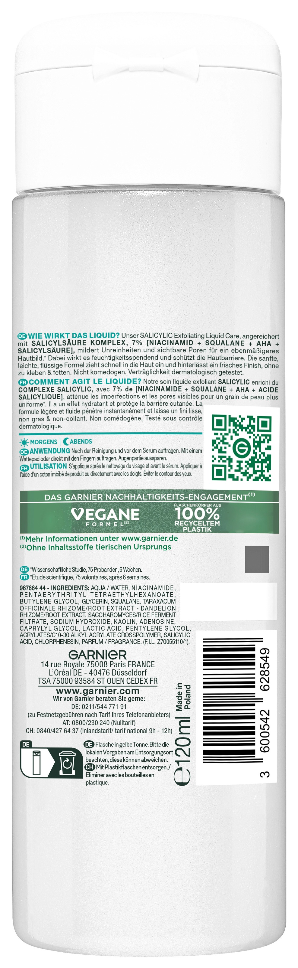 GARNIER Gesichtsfluid »Garnier Salicylic Exfoliating Liquid Care«, Mildert Unreinheiten und sorgt für ein ebenmäßiges Hautbild.