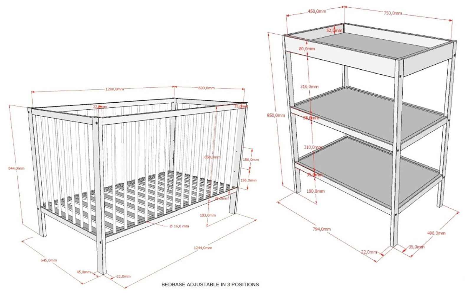 Vipack Babymöbel-Set »DINO, ideal für Ihr Kinderzimmer, Made in Europe, Buche massiv« best. aus Babybett 60/120 u. Wickelregal, 2 tlg. Liegefläche 3-fach höhenverstellbar, Ausf. Buche Nussbaumfarbig