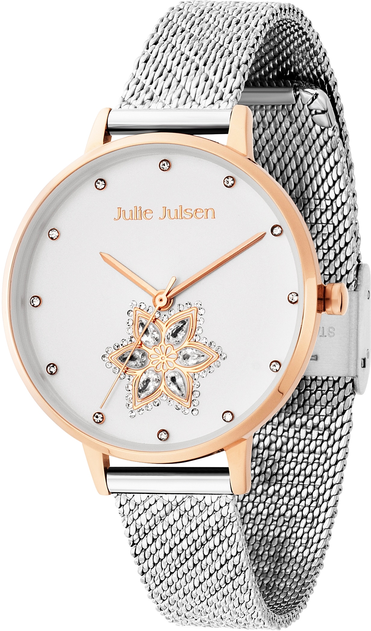 Julie Julsen Quarzuhr »Drop Flower Rosé Silver, JJW1174RGSME«, Armbanduhr, Damenuhr, Blumen, Zirkonia, Mineralglas