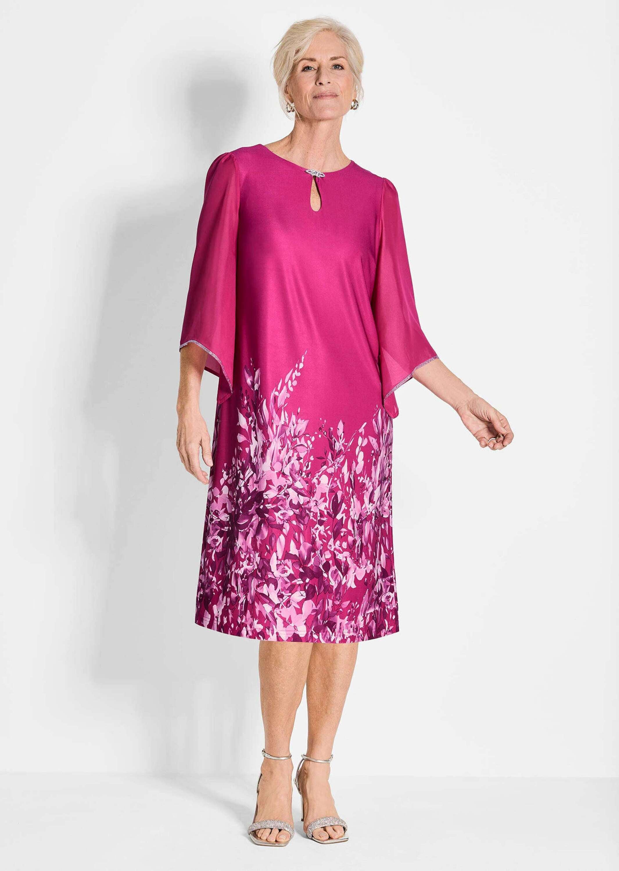 GOLDNER Sommerkleid »Kurzgröße Pinkes elegantes Kleid mit 3/4-Arm aus Chiffon«