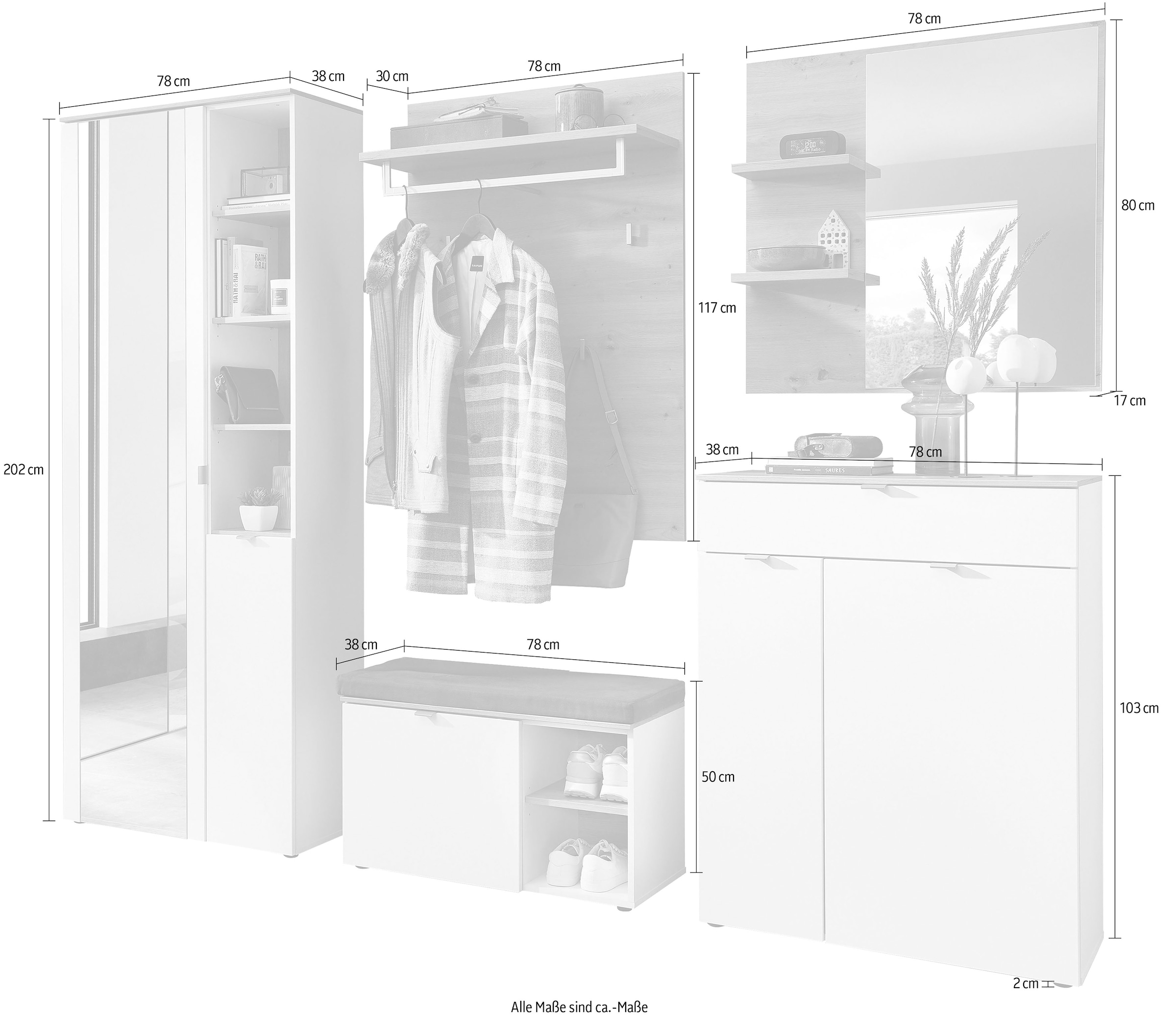 Innostyle Garderoben-Set »Bari Garderobenprogarmm, BxHxT 264x202x38 cm«, (Set, 5 St.), Besteht aus 5 Typen