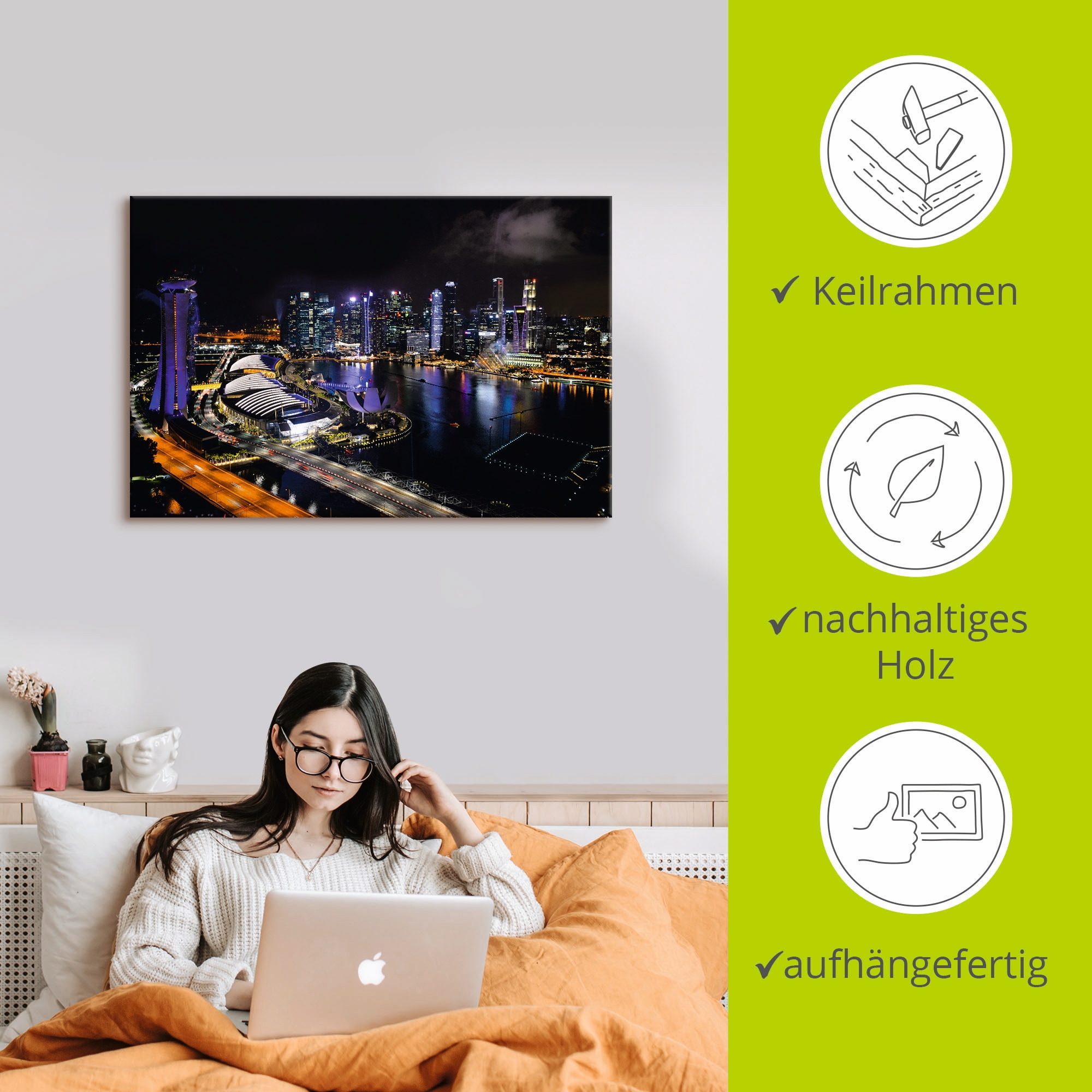 Artland Leinwandbild »Singapur bei Nacht«, Bilder von Asien, (1 St.), auf Keilrahmen gespannt