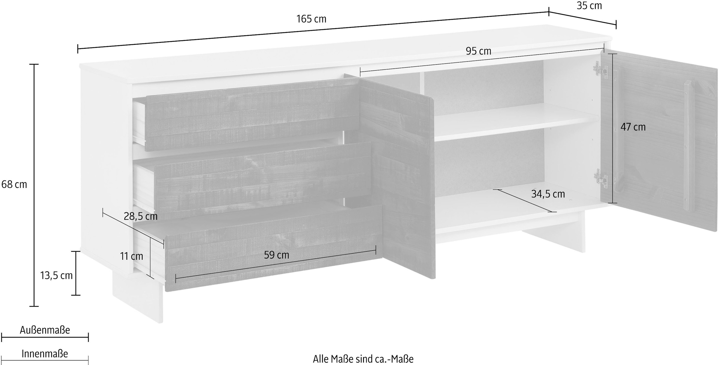 Home affaire Sideboard »Morgan«, Kommode aus massivem Kiefernholz, mit Griffmulden, Breite 165 cm