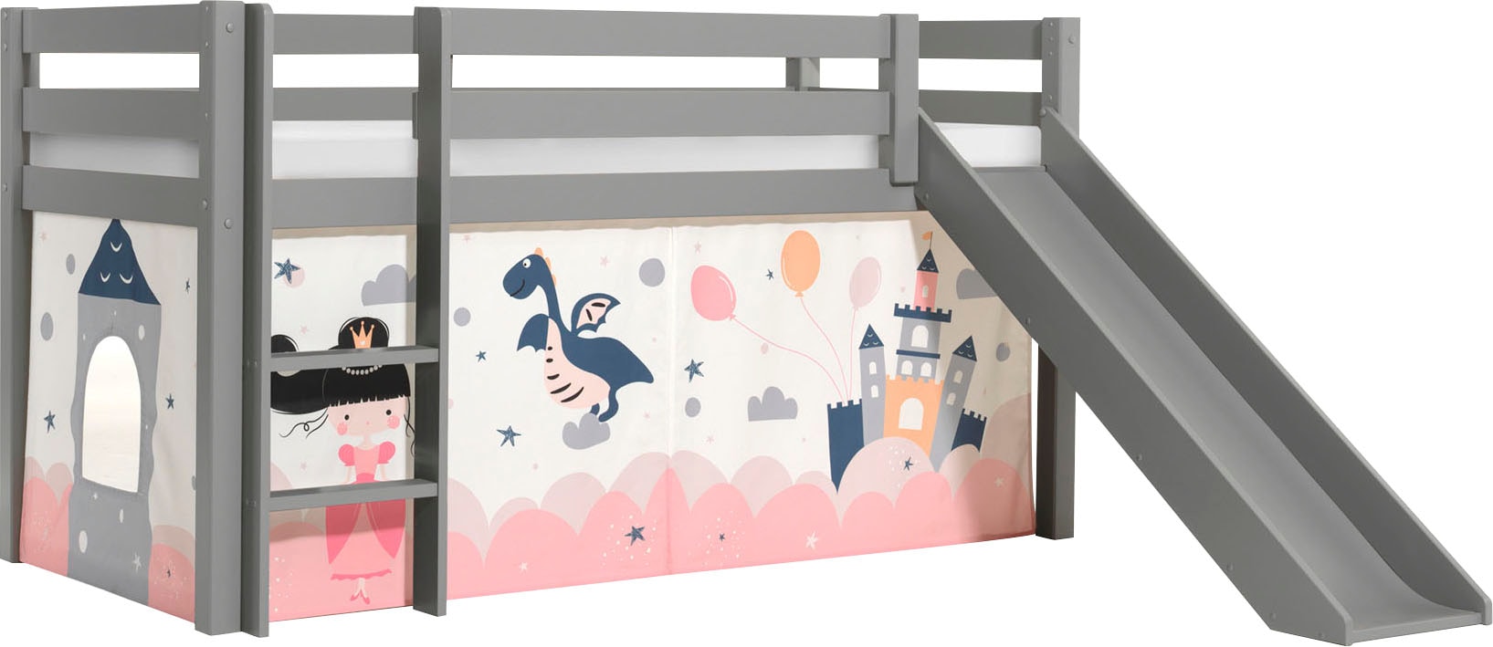 Vipack Spielbett »Pino, Kiefer massiv, mit Rolllattenrost u. Textil-Set, Made in Europe«, (B/H/T ca. 210x114x218cm, mit Absturzschutz, Leiter und Rutsche), verschiedene Textil-Designs und Holzfarben zur Wahl