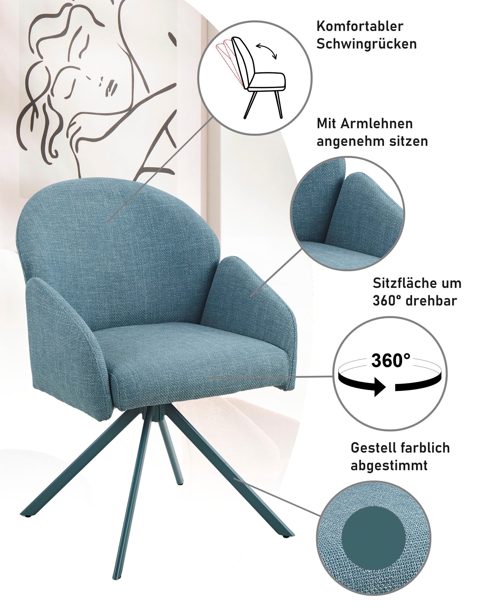 HELA Armlehnstuhl »HOLLY« (Set) 2 Stk.360° drehbar, Armlehnen, Gestell angepasst, Swing Back Komfortrücken