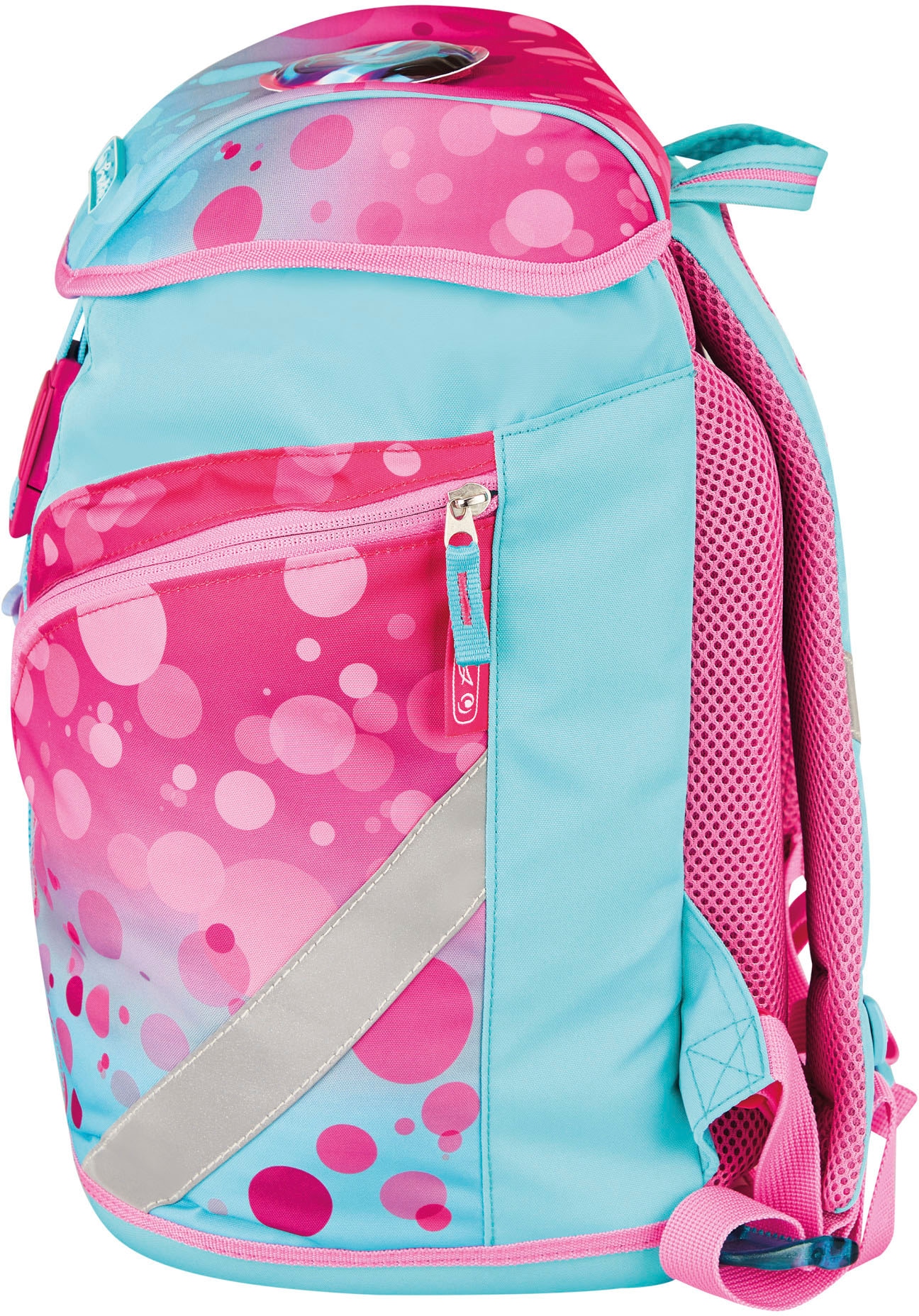 Herlitz Schulrucksack »SoftLight Plus GREENline, Pink Bubbles«, Reflektoren-Floureszierende Flächen, mit abnehmbarer Applikation und Filzanhänger