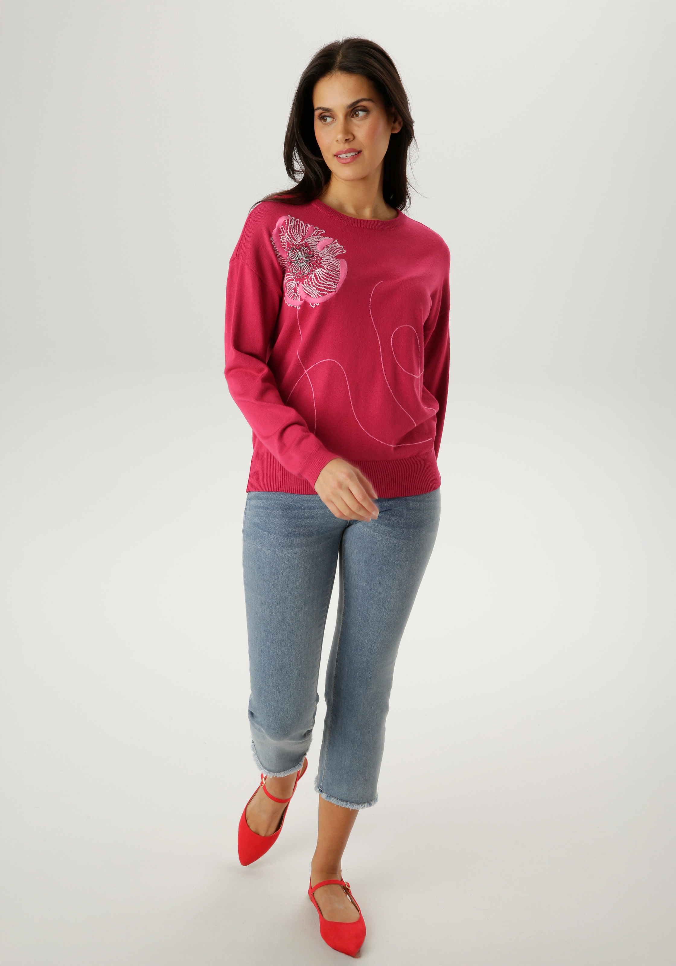 Aniston SELECTED Strickpullover vorne mit aufwendiger Stickerei verziert - NEUE KOLLEKTION