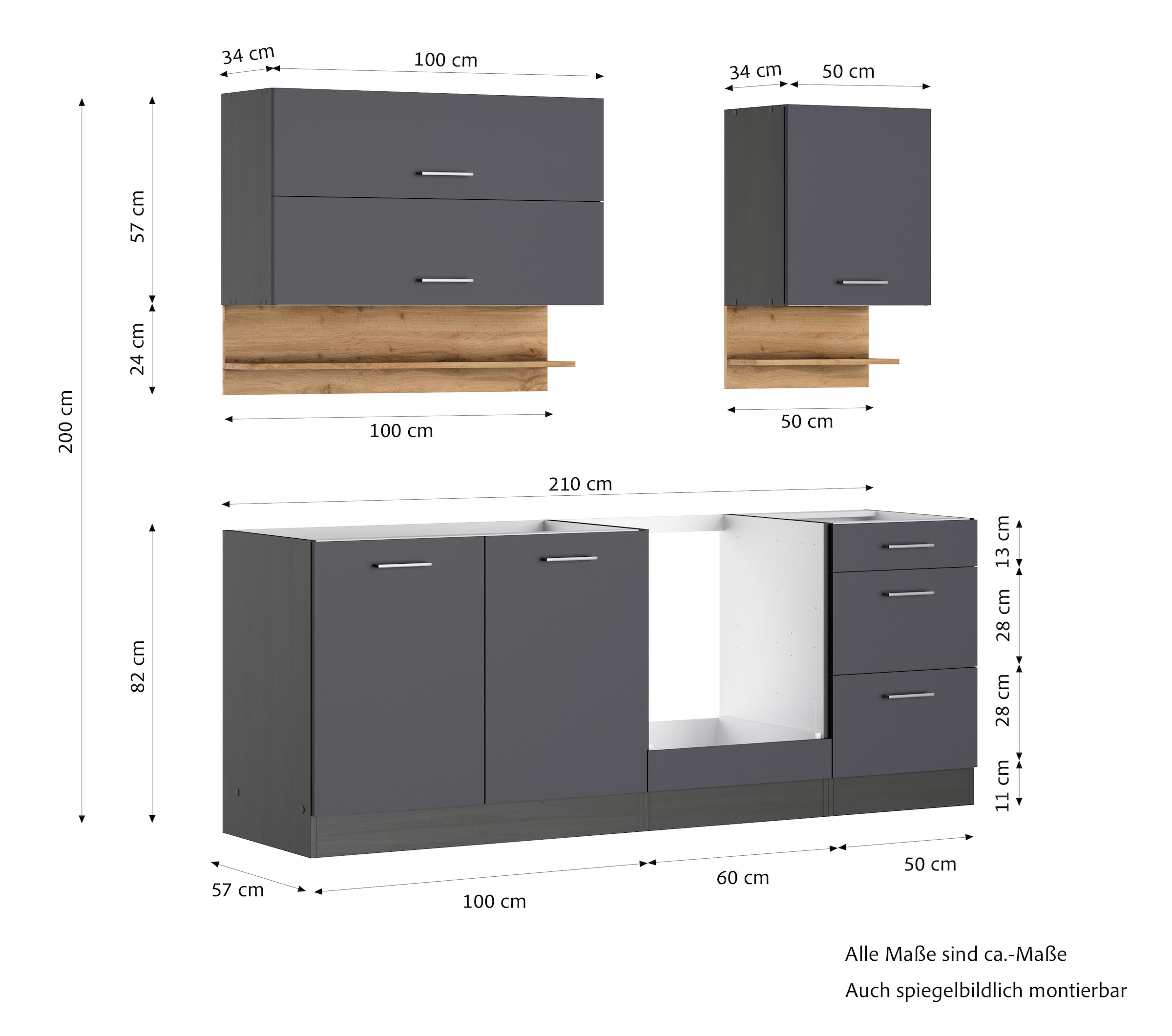 KOCHSTATION Küchenzeile »KS-Milan« 210 cm breit, robuste Metallauszüge, viel Stauraum