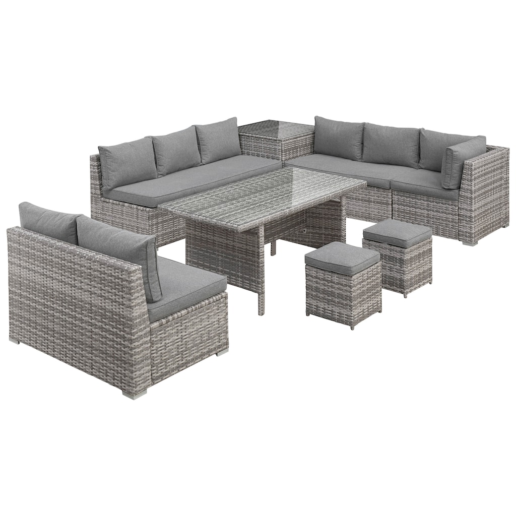 KONIFERA Gartenlounge-Set »Kalamos«, (Set, 23 tlg., 3er-Sofa, 2x 2er Sofa, Ecksofa, 2x Hocker, 2x Tisch, inkl. Auflagen), Polyrattan, Aluminium, 10 Personen, individuell aufstellbar