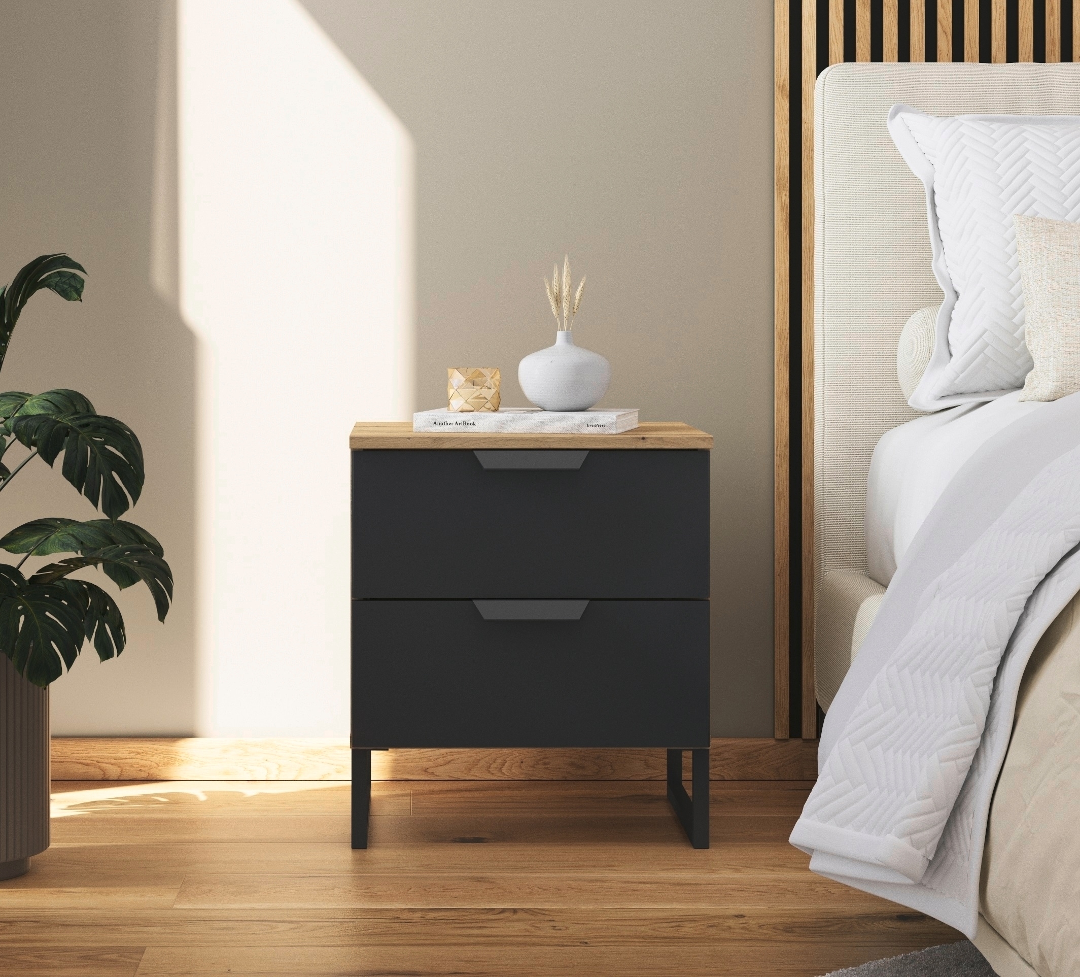 rauch Nachtkommode »Dark&Wood by Aditio«, im Industrial Style mit Kufenfuß, 2 Schubladen mit Softclose-Funktion