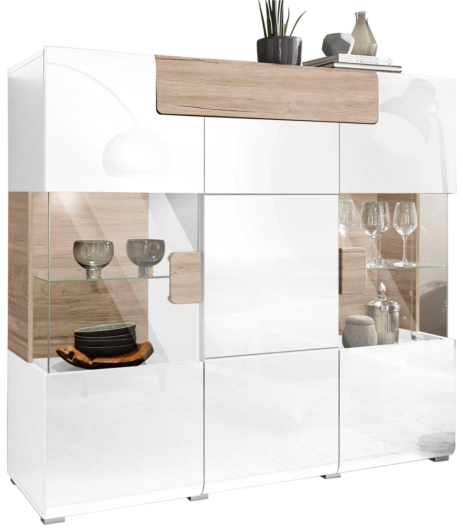 INOSIGN Highboard »Toledo,Breite 147,5cm,trendige Hochkommode mit 3Türen und Schublade«, Hochschrank mit Glas-Partien,stylische Hochglanzfronten