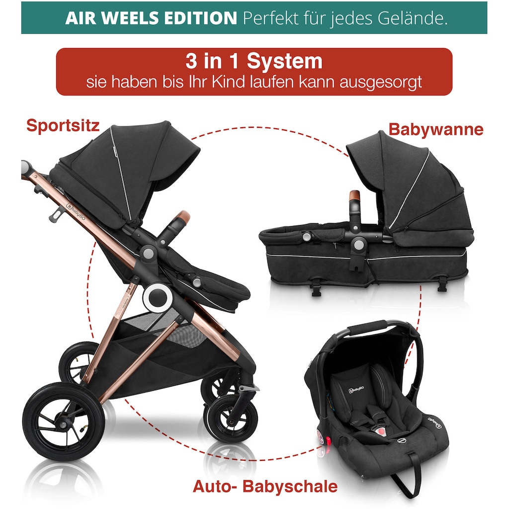 BabyGo Kombi-Kinderwagen »Halime AIR 3in1, Anthracite Gold«, mit Luftreifen, inkl. Babywanne, Babyschale, Regenhaube & Wickeltasche