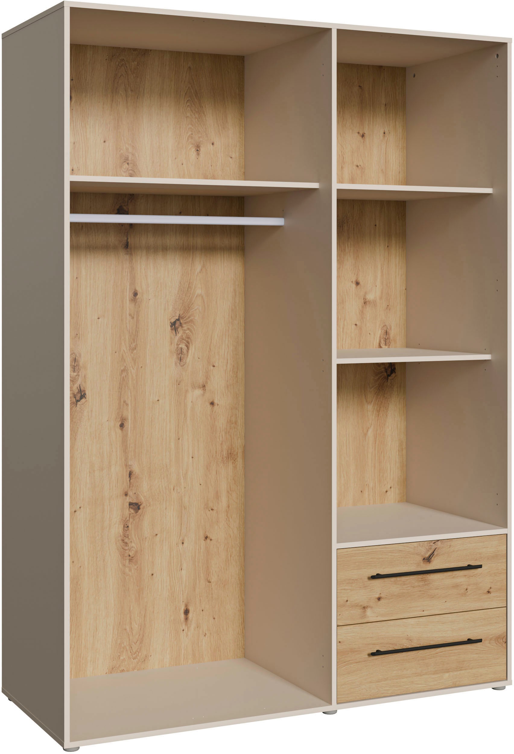 FORTE Kleiderschrank »Mokkaris , zeitloses Design, 3–4 Türen, Made in Europe« B/H/T ca. 145x200x59cm oder 206x200x59cm,  Schubladen + schwarze Stangengriffe, Made in Europe, viel Stauraum