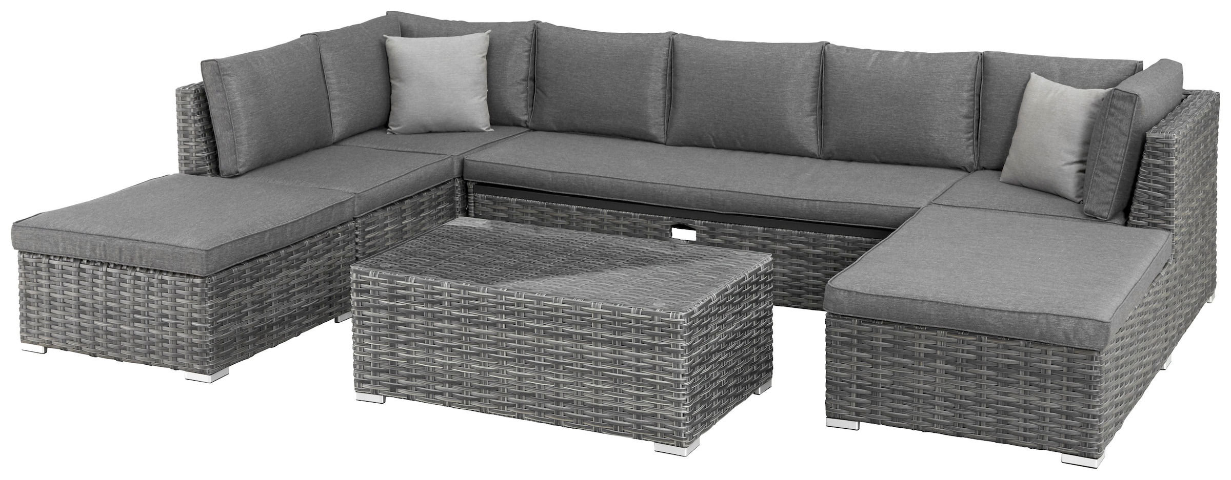 KONIFERA Gartenlounge-Set »New York«, (21 tlg., 1x 3er AZ-Sofa, 1x Ecke, 1x Sessel, 1x Ottomane mit Staufach, 1x Tisch), Tisch 110x65 cm, Aluminium,Polyrattan,individuell stellbar,10 Personen