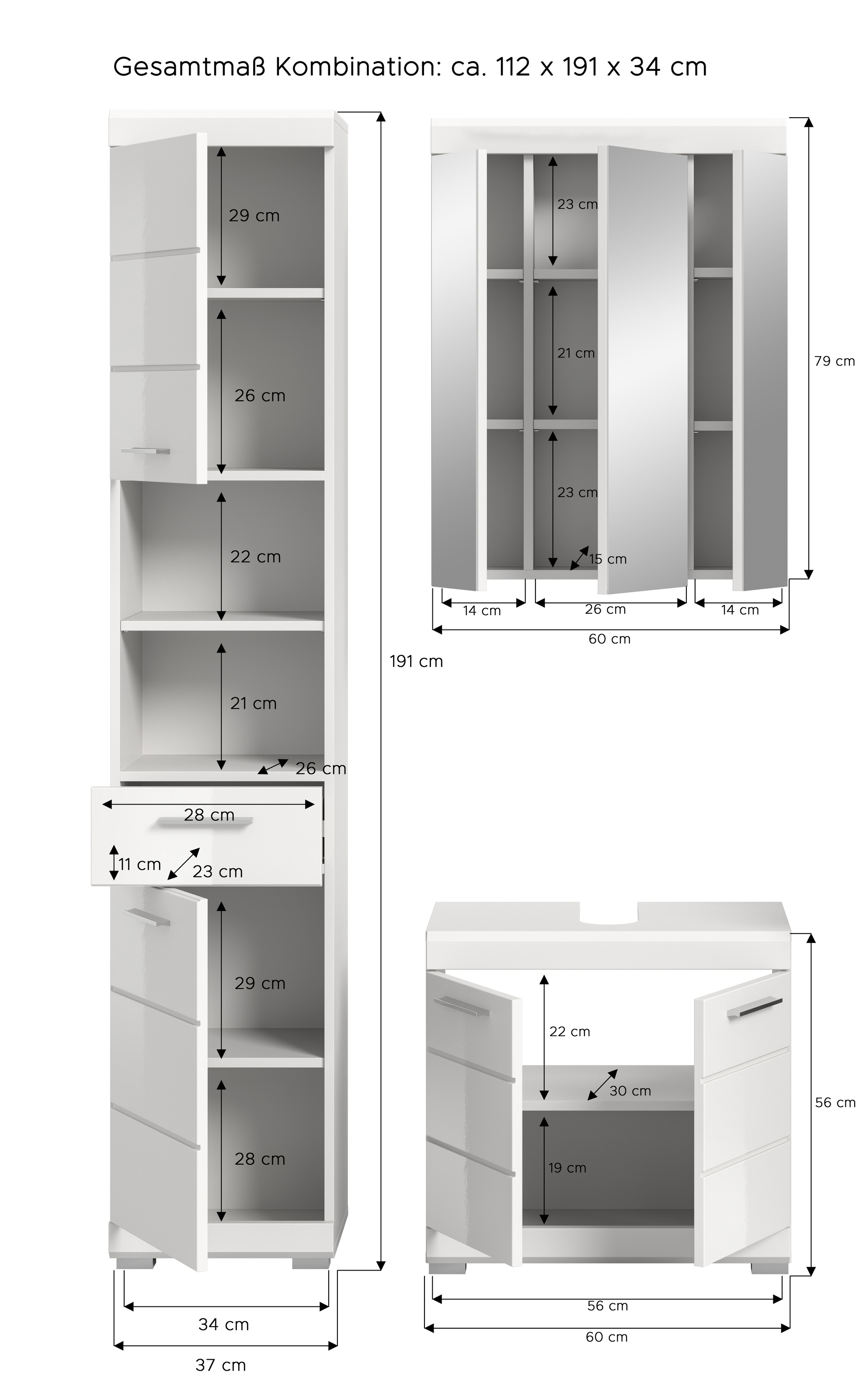 INOSIGN Badmöbel-Set »Siena, 3 teilig, bestehend aus:«, (Set, 3 St., TOPSELLER!), Hochschrank, Waschbeckenunterschrank, Spiegelschrank