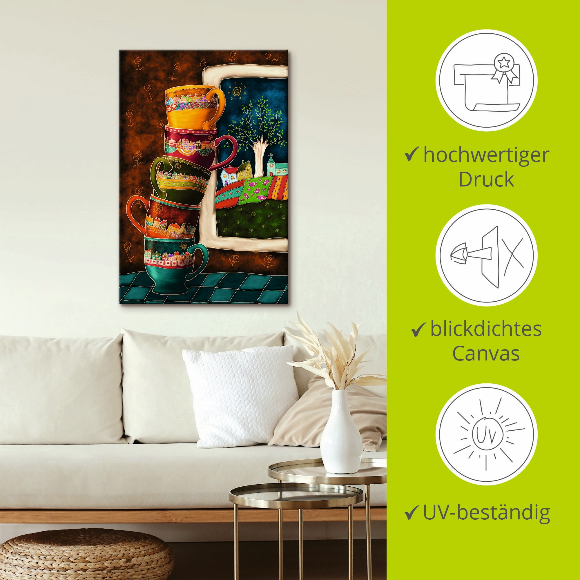 Artland Wandbild »Fröhliche Kaffeetassen«, Getränke, (1 St.), als Alubild, Outdoorbild, Leinwandbild, Poster, Wandaufkleber