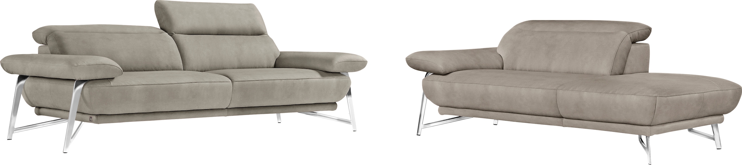 Egoitaliano Sofa »Anais, erstklassiger Sitzkomfort, Fußfarbe chrom« Set, Kopfteil verstellbar, Luxus-Microfaser Lederoptik, opal grau