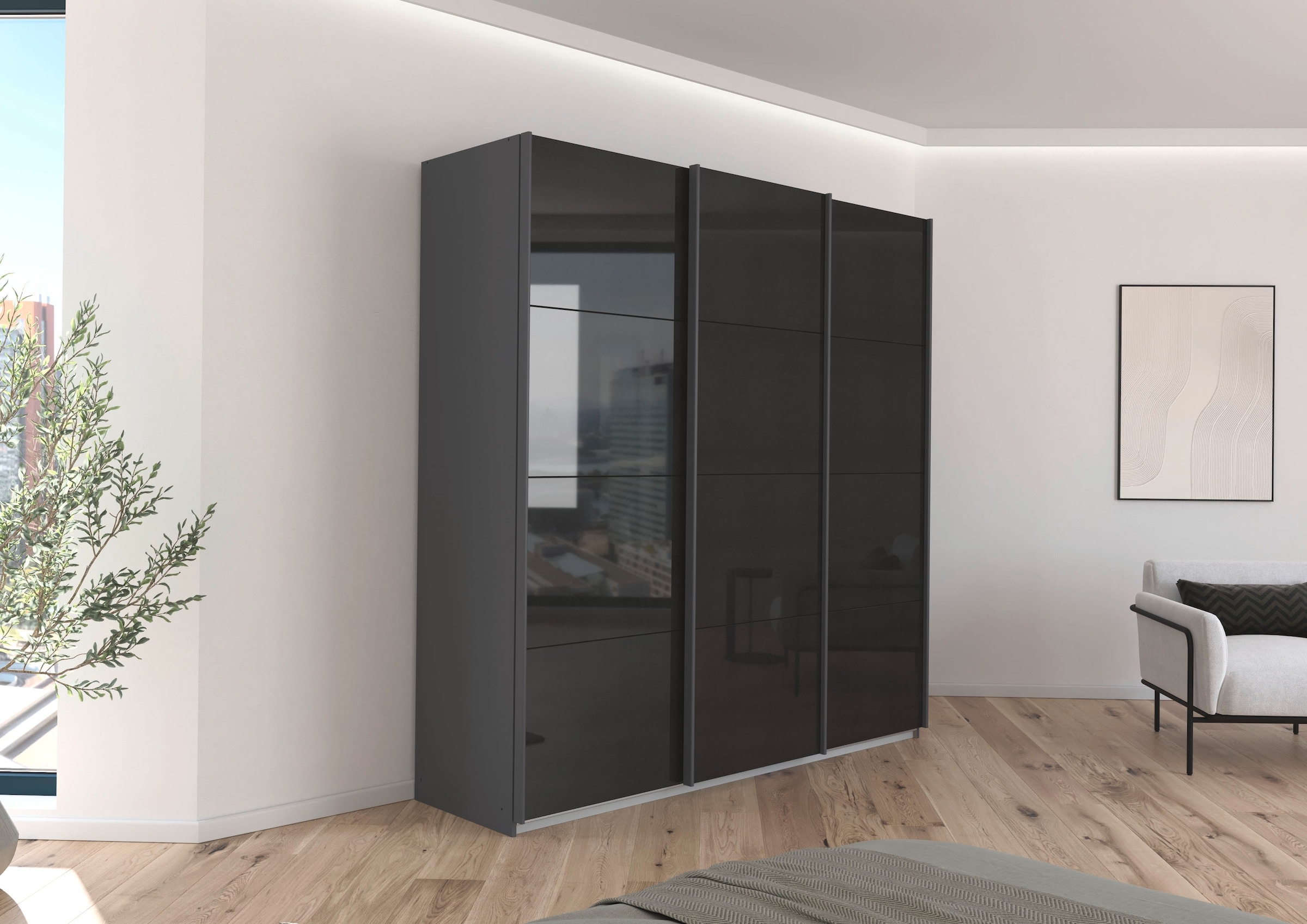rauch Schwebetürenschrank »Kleiderschrank Schrank Garderobe AGORDO mit Dekor- oder Hochglanzfront«, (in zwei Griff-Farben), durchdachte Innenausstattung, in 4 Breiten und 2 Höhen MADE IN GERMANY
