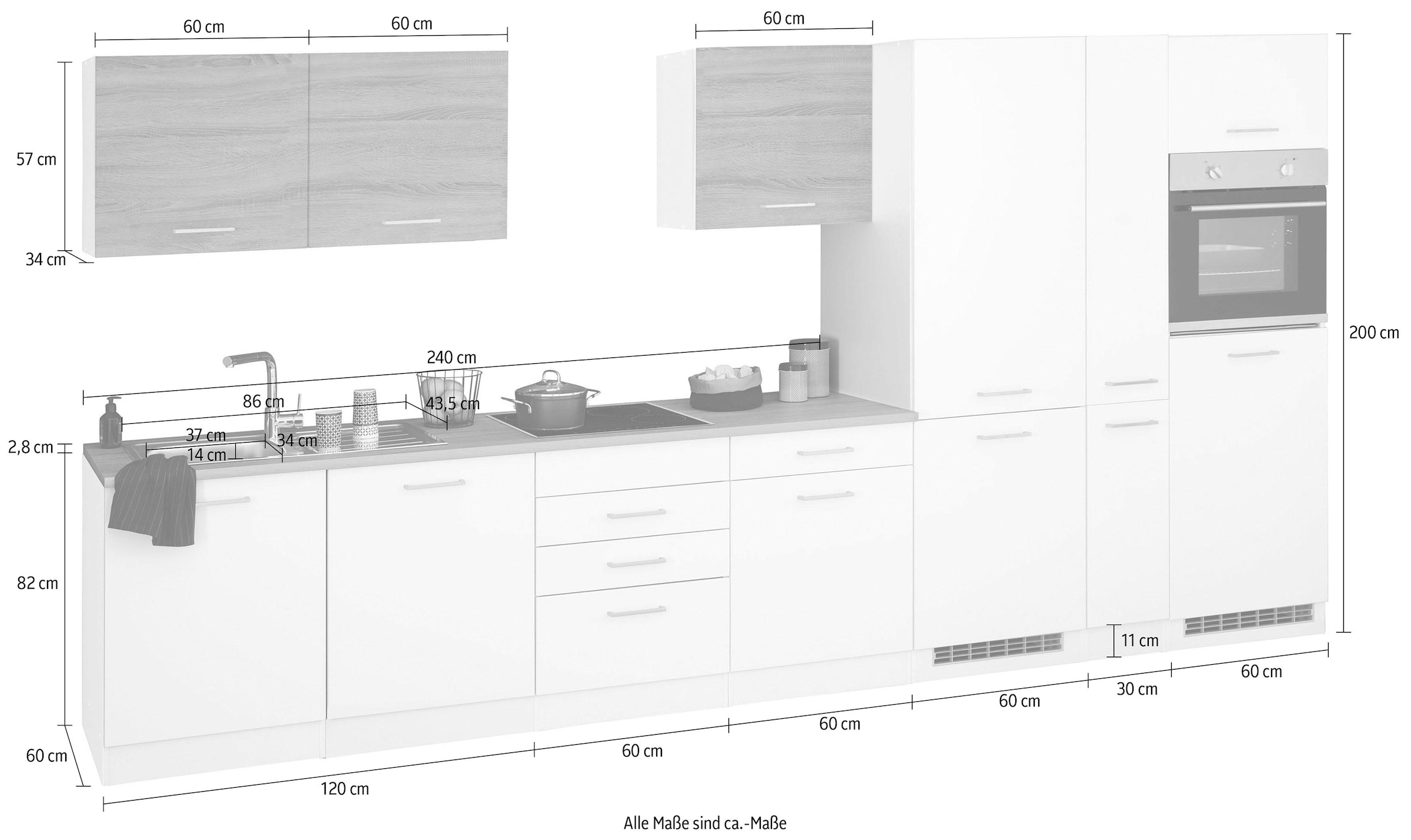 KOCHSTATION Küchenzeile »KS-Visby«, ohne E-Geräte, Breite 390 cm für Kühl/Gerfrierkombination