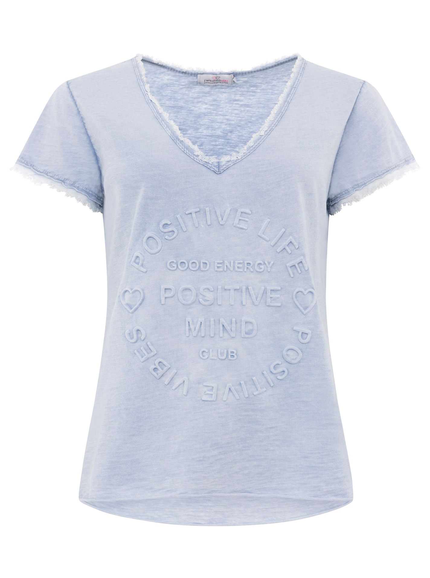 Zwillingsherz T-Shirt »"Positive Mind"«, mit V-Neck, Stempeldruck und Saum im Used-Look