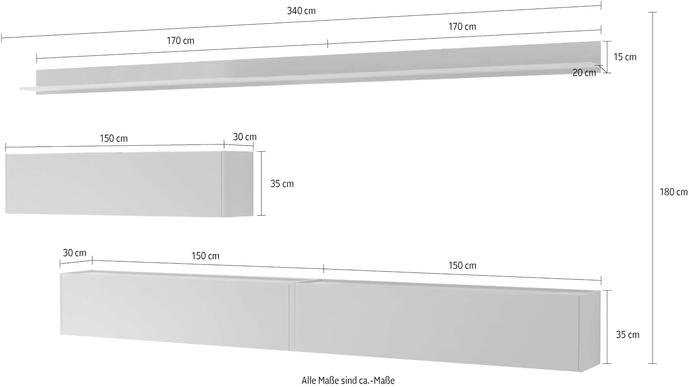 INOSIGN Wohnwand »City/Giron, moderne Anbauwand, Komplettset in vielen Farben verfügbar« Set, 5 Stk. tlg. enthält drei Hängeschränke & zwei Wandboards