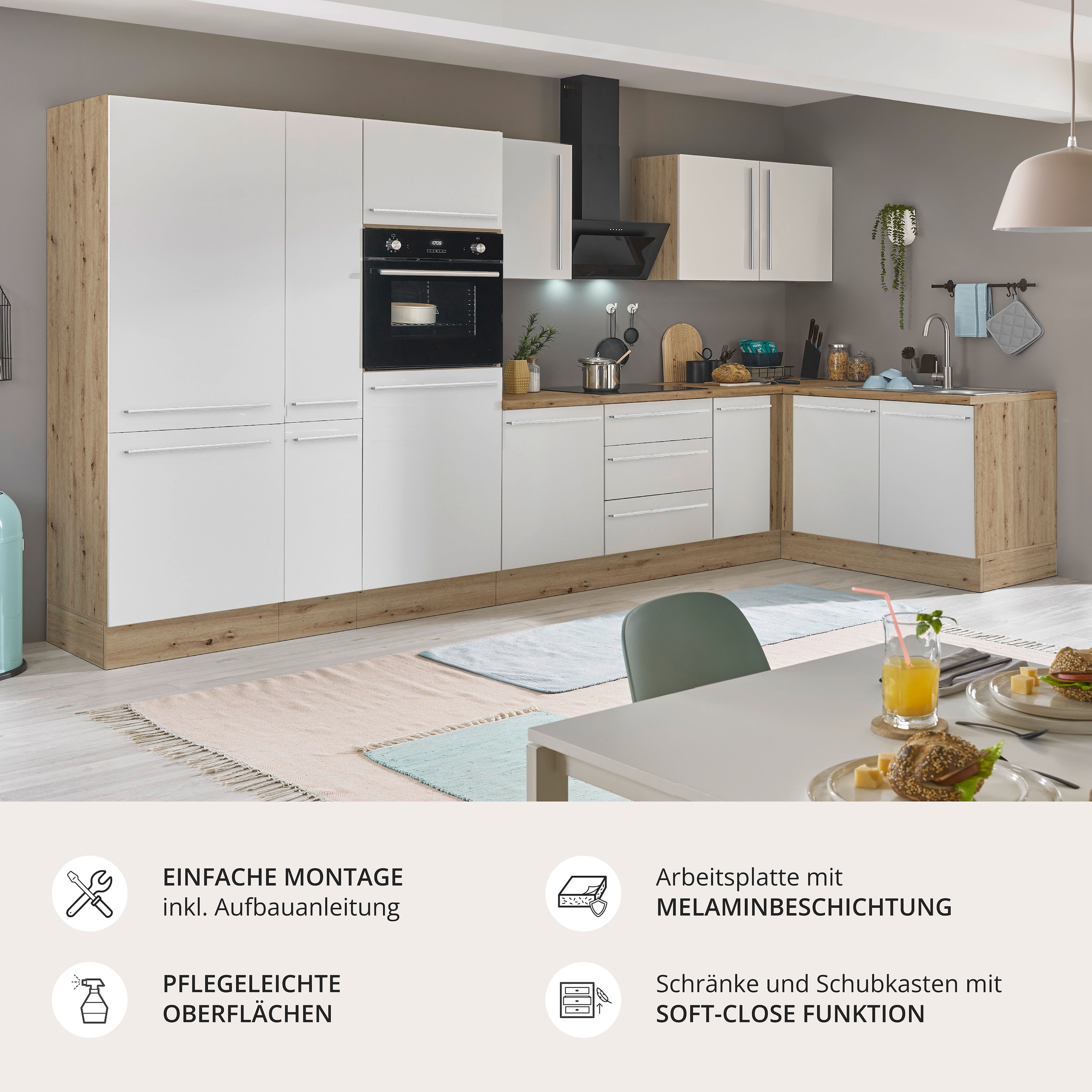 KOCHSTATION Winkelküche »Florida, Stellbreite 360x165 cm« wahlweise mit E-Geräten, mit Softclose für Türen und Schubkästen