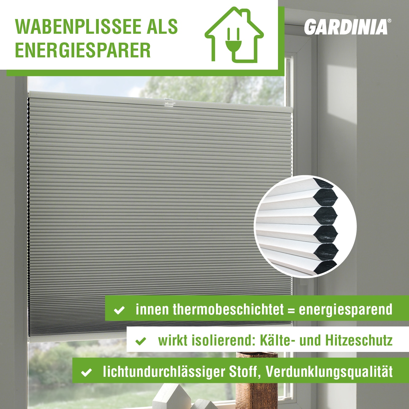 GARDINIA Wabenplissee »Concept Thermo-Abdunklung«, verdunkelnd, energiesparend, mit Bohren, verspannt, energiesparend und abdunkelnd mit Thermobeschichtung