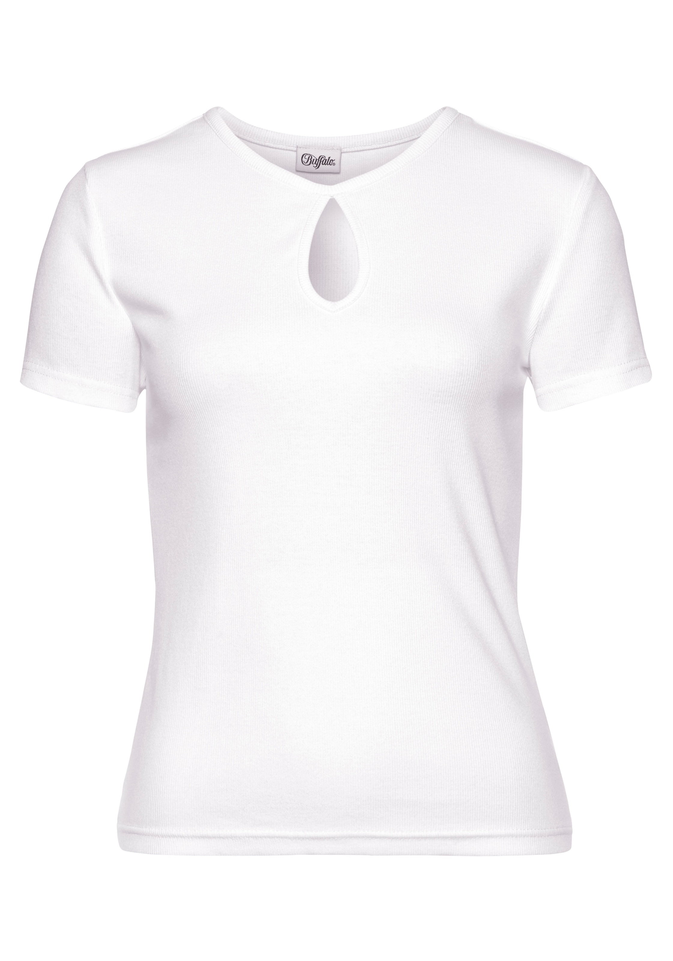 Buffalo Kurzarmshirt aus feiner Rippware, Cut-Out-Detail, T-Shirt aus Baumwolle, Basic