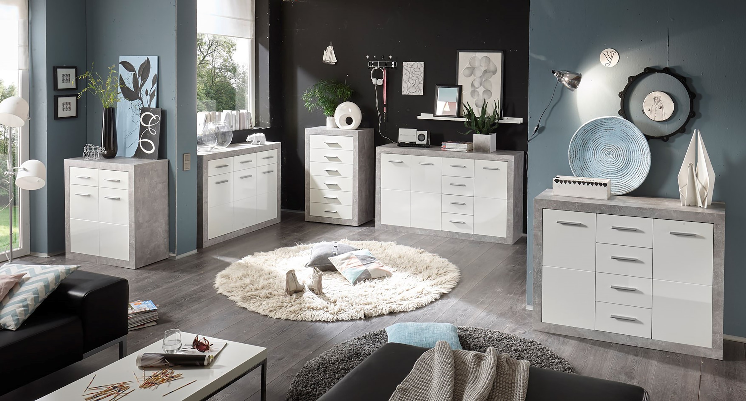 HBZ Sideboard »Stone weiß Hochglanz, Schrank mit Schubkästen BxHxT 66x102x37 cm«, (1 St.), Beton Dekor und weiß Hochglanz, Schrank mit 6 Schubkästen