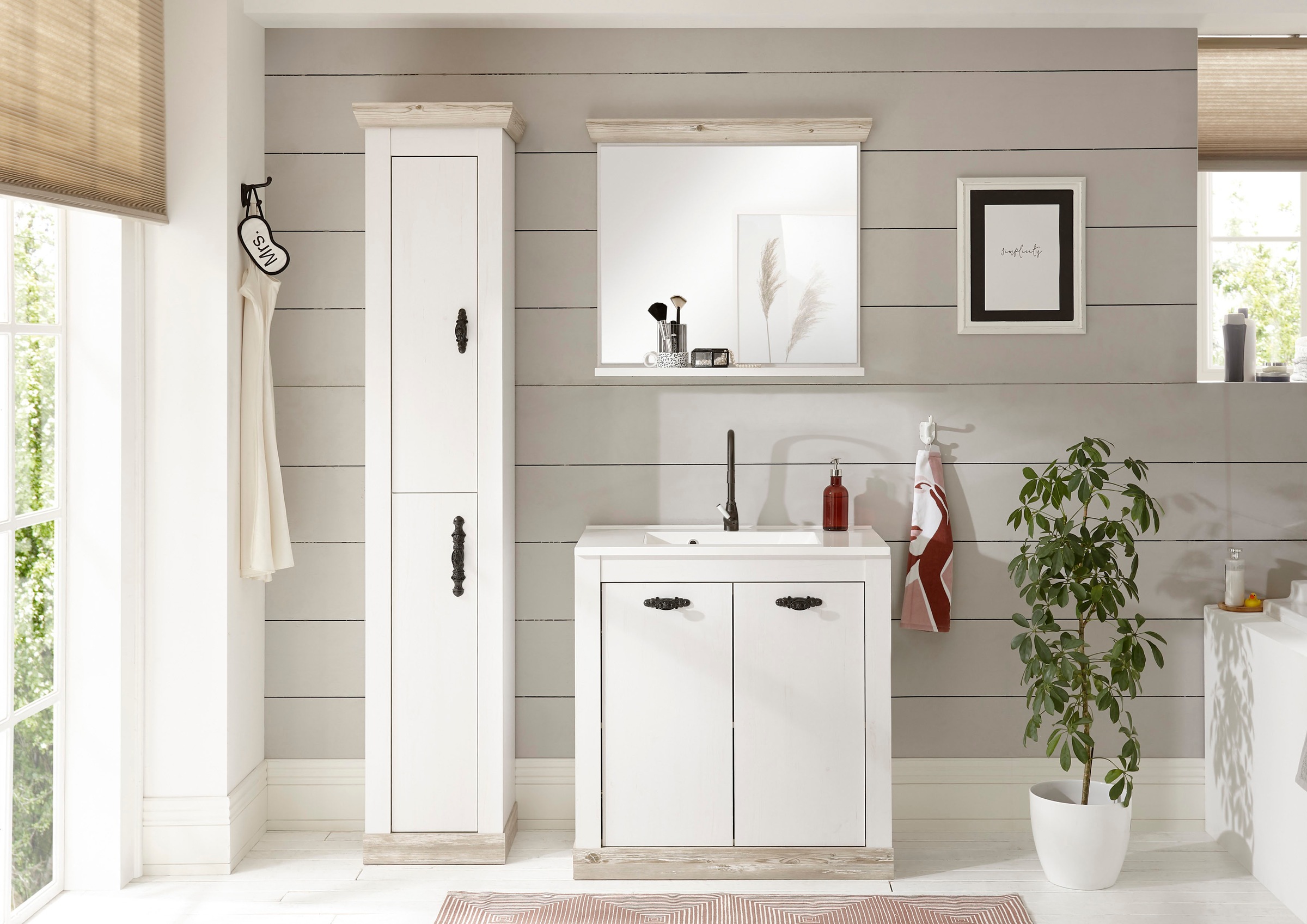 Home affaire Badmöbel-Set »Florenz, Bad im Landhausstil, 3-teiliges Badezimmer«, (3 St.), Waschtisch, Schrank und Spiegel mit Ablage, in Pinie Weiß, Stauraum