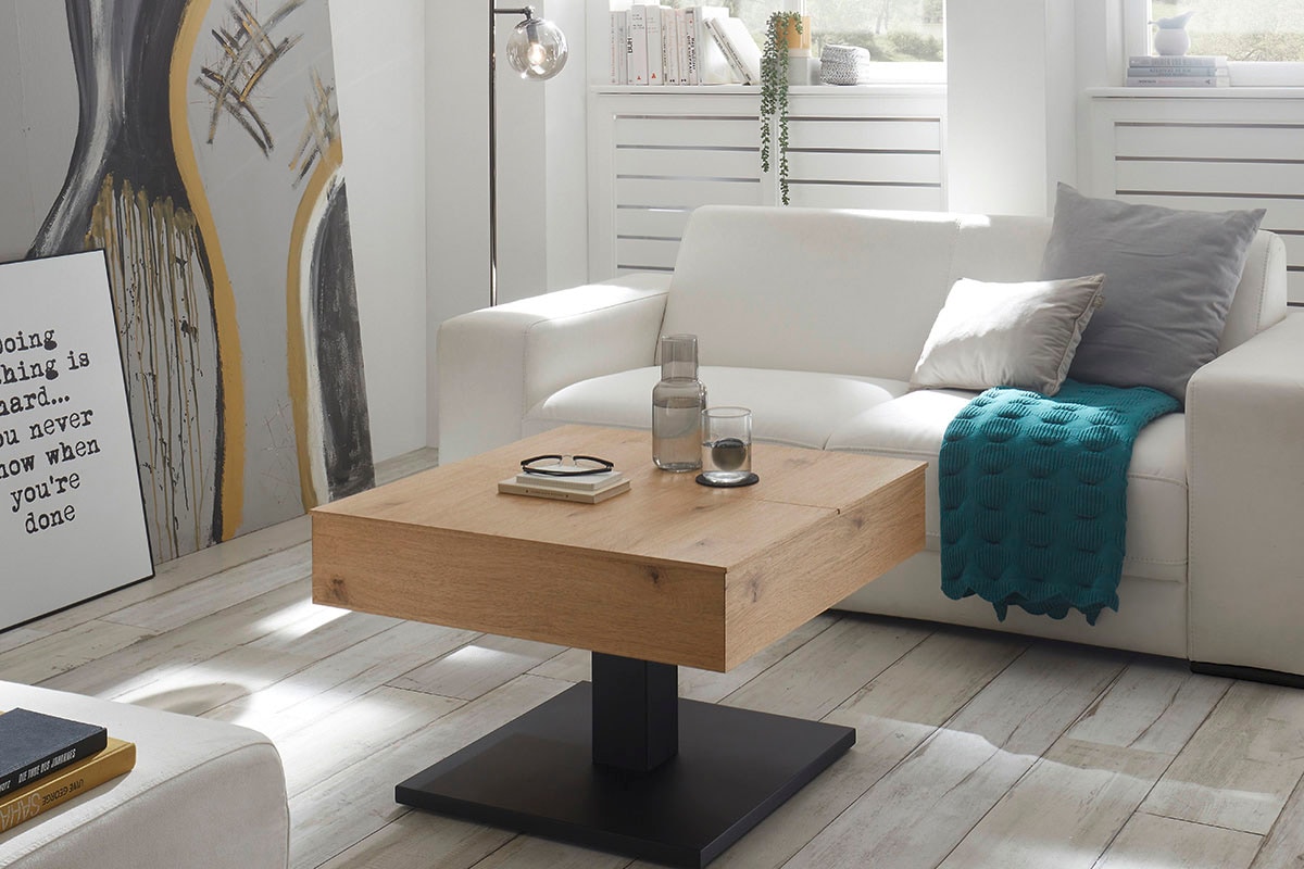 MCA furniture Couchtisch »ASHTON mit Aufklappfunktion«, HWP Eiche furniert, Korpus quadratisch, Metall schwarz, belastbar 25kg